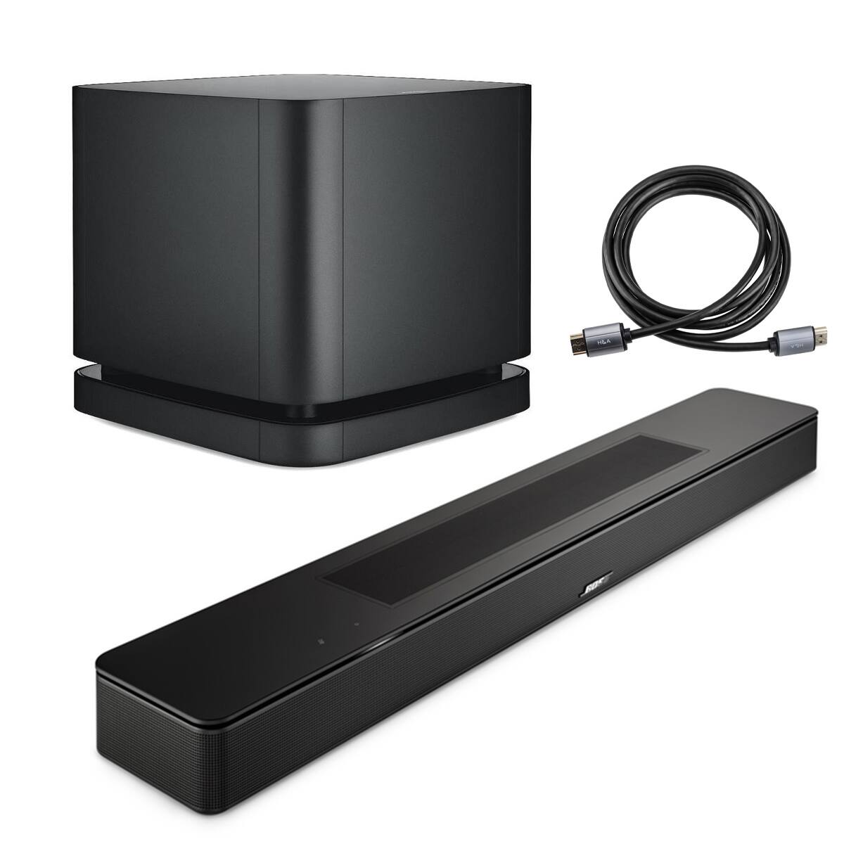 Front. Bose - Bose Smart Soundbar, Black, Bundle with Bass Module 500, 6' HDMI 2.0 Cable.