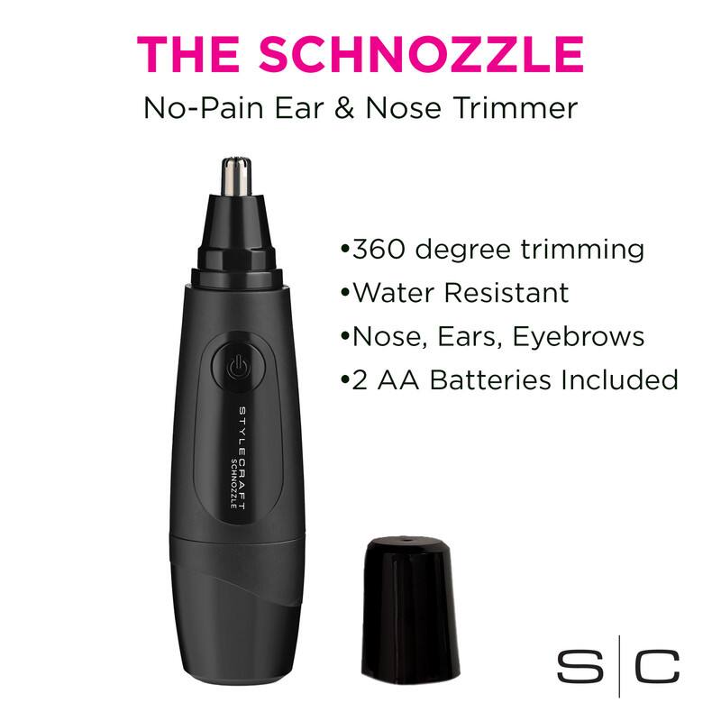 THE SCHNOZZLE No-Pain Ear & Nose Trimmer

STYLE SCHNOZZLE CRAFT

360 degree trimming
Water Resistant
Nose, Ears, Eyebrows
2 AA Batteries Included
S C