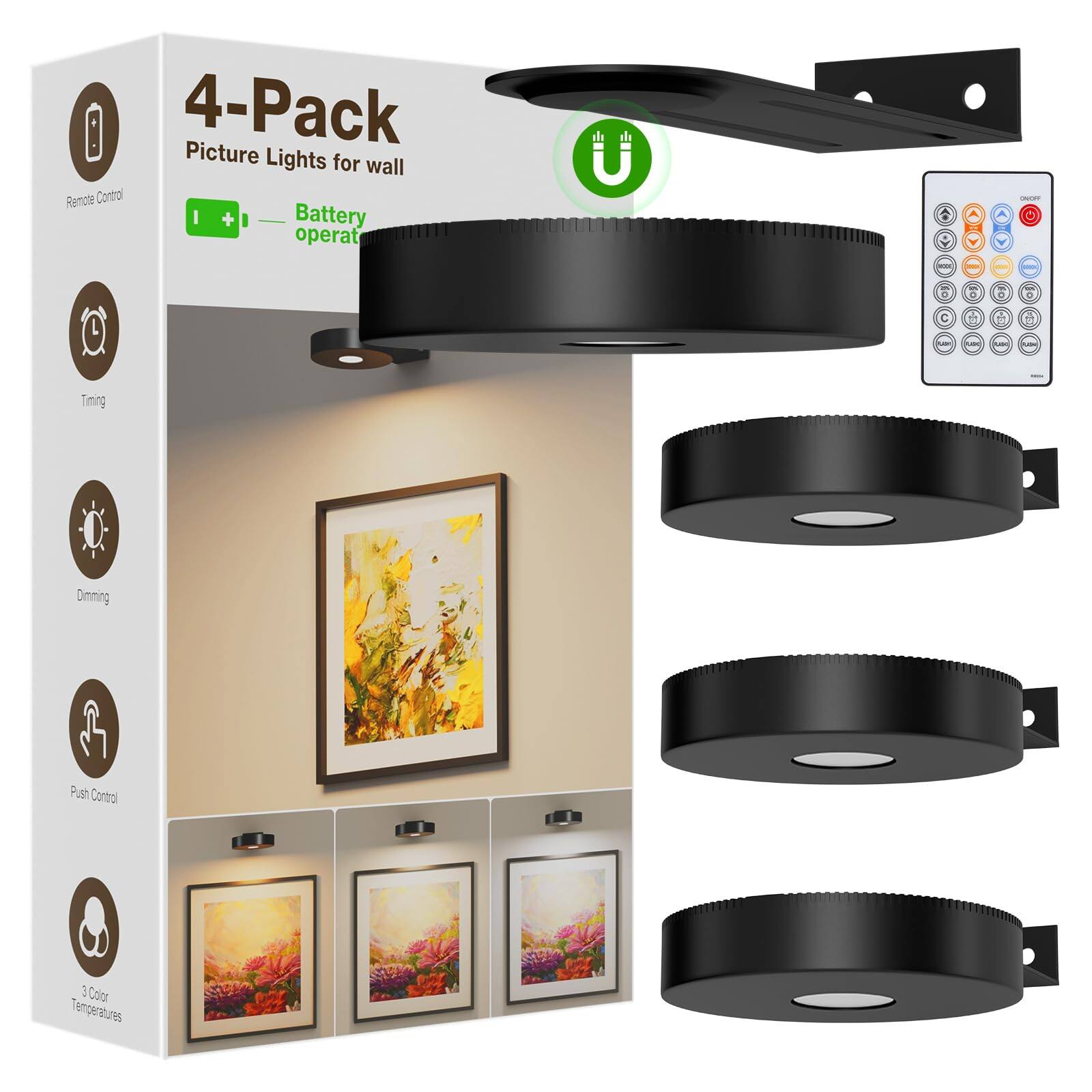 4-Pack Picture Lights for wall  
Remote Control  
Battery operated  
Timing  
Dimming  
Push Control  
3 Color Temperatures
