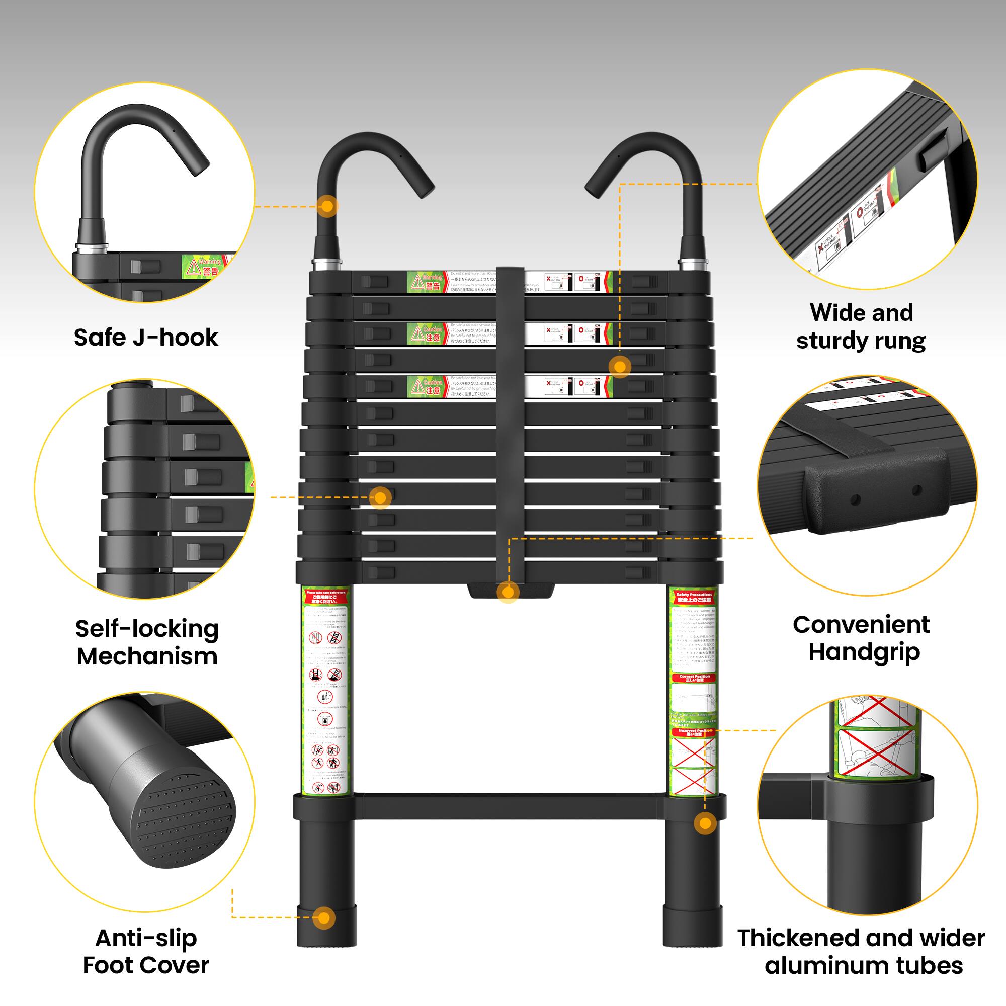 - Safe J-hook
- Wide and sturdy rung
- Self-locking Mechanism
- Convenient Handgrip
- Anti-slip Foot Cover
- Thickened and wider aluminum tubes