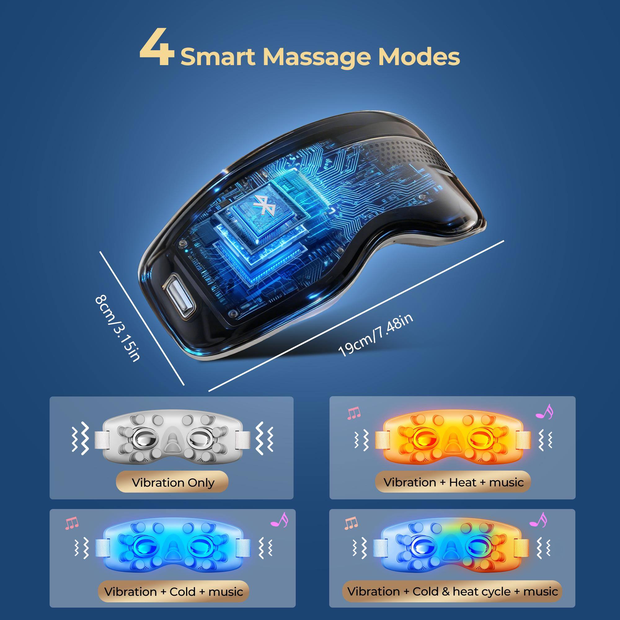 4 Smart Massage Modes

8cm/3.15in

48in

19cm/7.48in

Vibration Only

Vibration + Heat + music

Vibration + Cold + music

Vibration + Cold & heat cycle + music