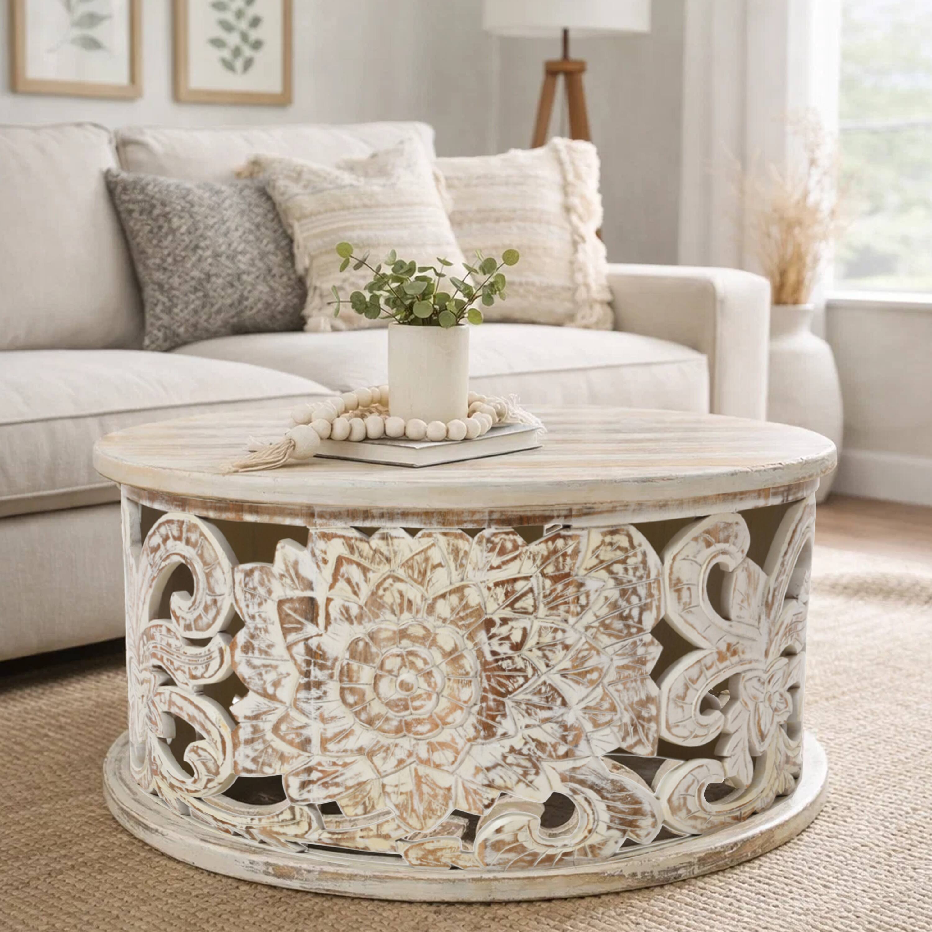 Alt View 8. Manhattan Lane - Alina Coffee Table Handcrafted Mango Wood Floral Carved Cut Out Design Distressed White Finish 33 Inch - White.
