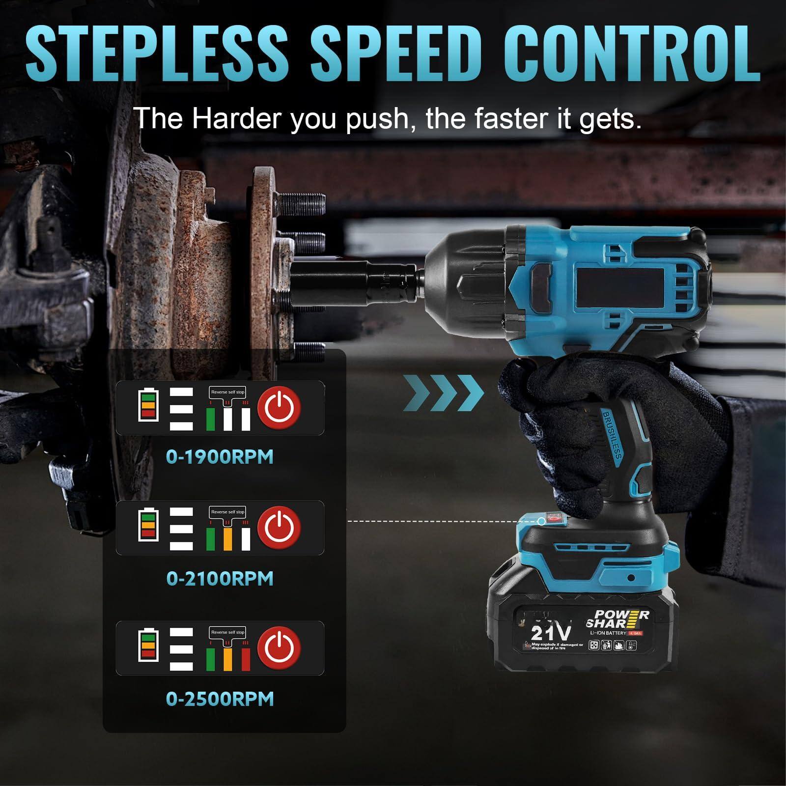 Sure, here is the corrected and grouped text from the image:

---

**STEPLESS SPEED CONTROL**

The Harder you push, the faster it gets.

- 0-1900RPM
- 0-2100RPM
- 0-2500RPM

---

**POWER SHARER**

21V

---

**BOSCH**