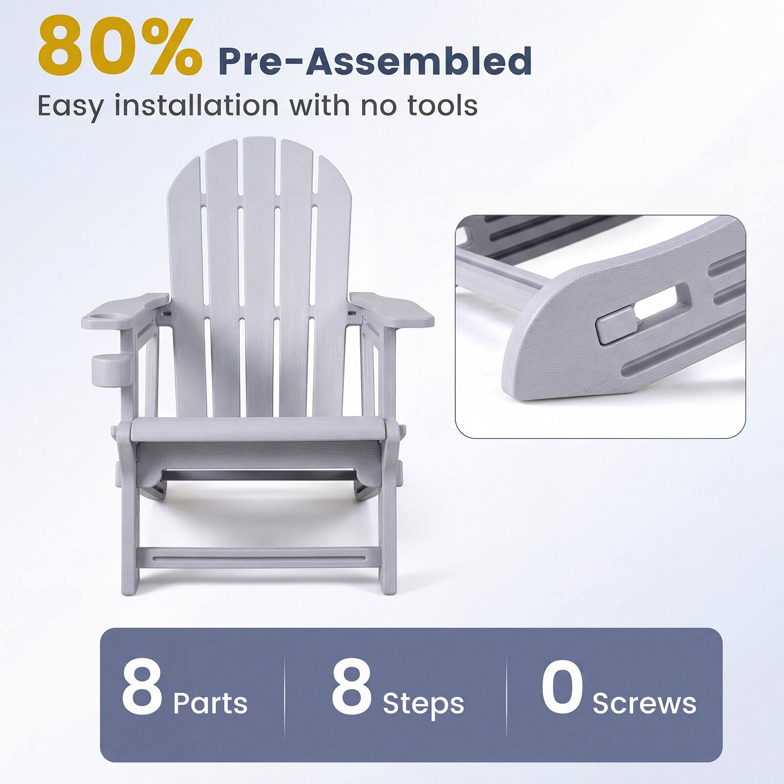 80% Pre-Assembled  
Easy installation with no tools  
8 Parts  
8 Steps  
0 Screws