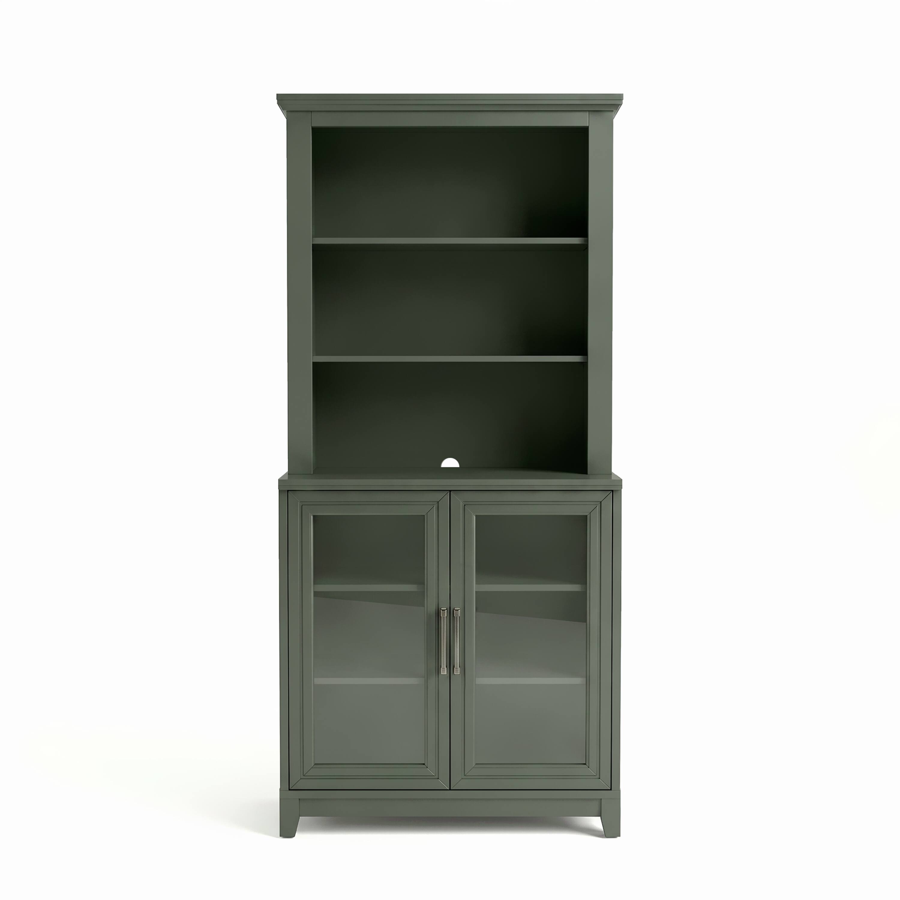 Alt View 1. Martha Stewart - Bedford Modular Cabinet and Hutch Set, Premium Hardware, Open Top Shelves, Soft-Close Glass Doors - Fern Green Frame/Gunmetal Hardware.