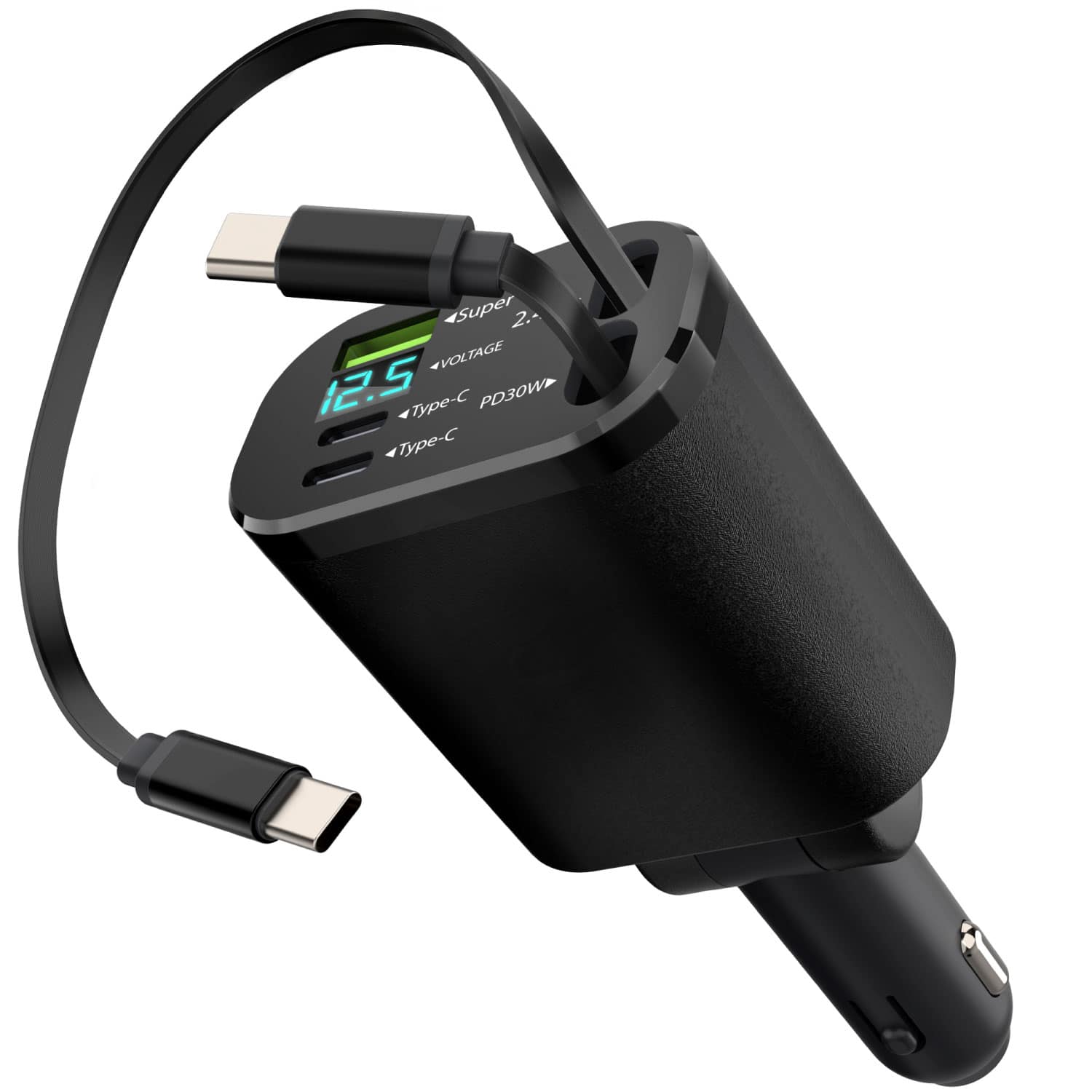 Vena - Retractable Car Charger USB C 2.3ft, 30W Phone Charger for Car Android iPhone, USB Port Cigarette Lighter Charger, Black - Black