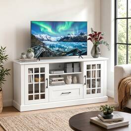 WELLFOR - Modern Farmhouse TV Stand for TVs up to 70", Entertainment Center with Storage Cabinet & Glass Door - White