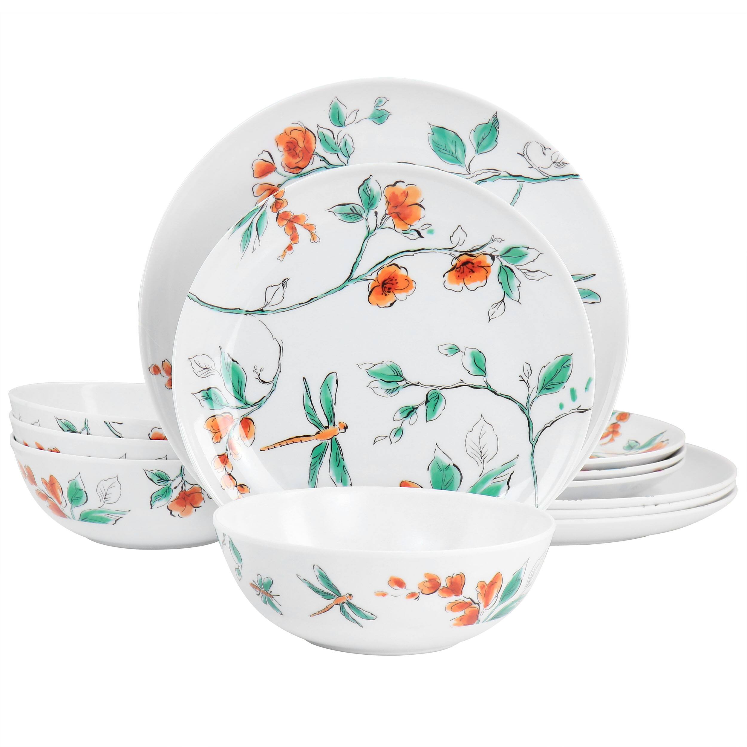 Front. Martha Stewart - Martha Stewart 12 Piece Dragonfly Melamine Dinnerware Set in White - White.