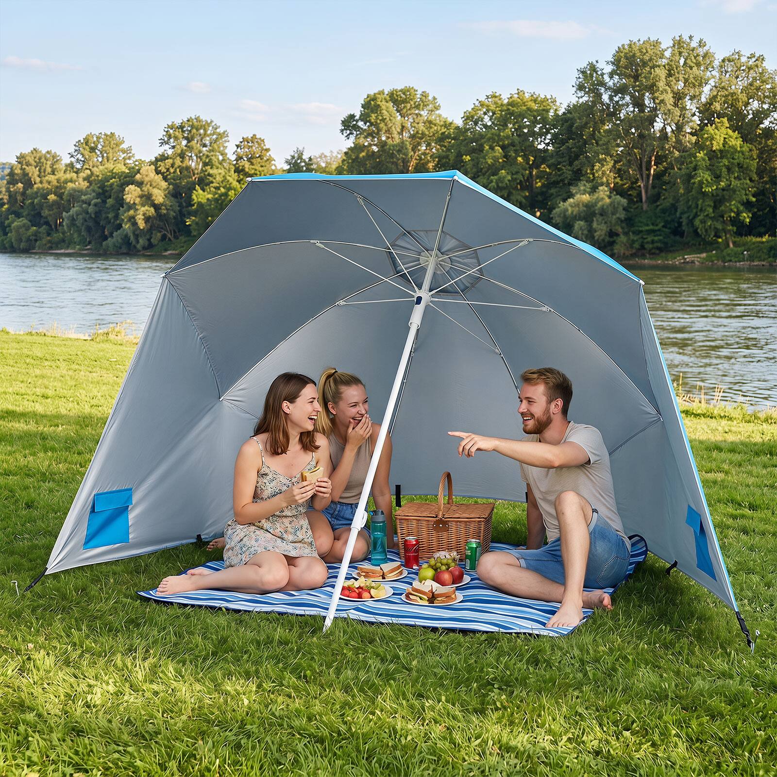 Alt View 4. Costway - Costway 2-In-1 Beach Shelter Umbrella with 2 Side Panels, Sand Anchor, Fiberglass Ribs - Turquoise.