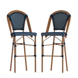 Flash Furniture - Bordeaux Set of 2 Stackable Indoor/Outdoor Bistro 30" High Barstools, Commercial Grade, Navy/White and Bamboo Finish - Blue