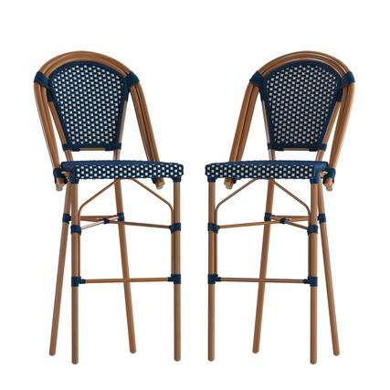 Front. Emma + Oliver - Soie Set of Two 30" High Stacking Bistro Bar Stools with PE Seat and Back and Metal Frames for Indoor/Outdoor Use - Navy & White/Natural Frame.