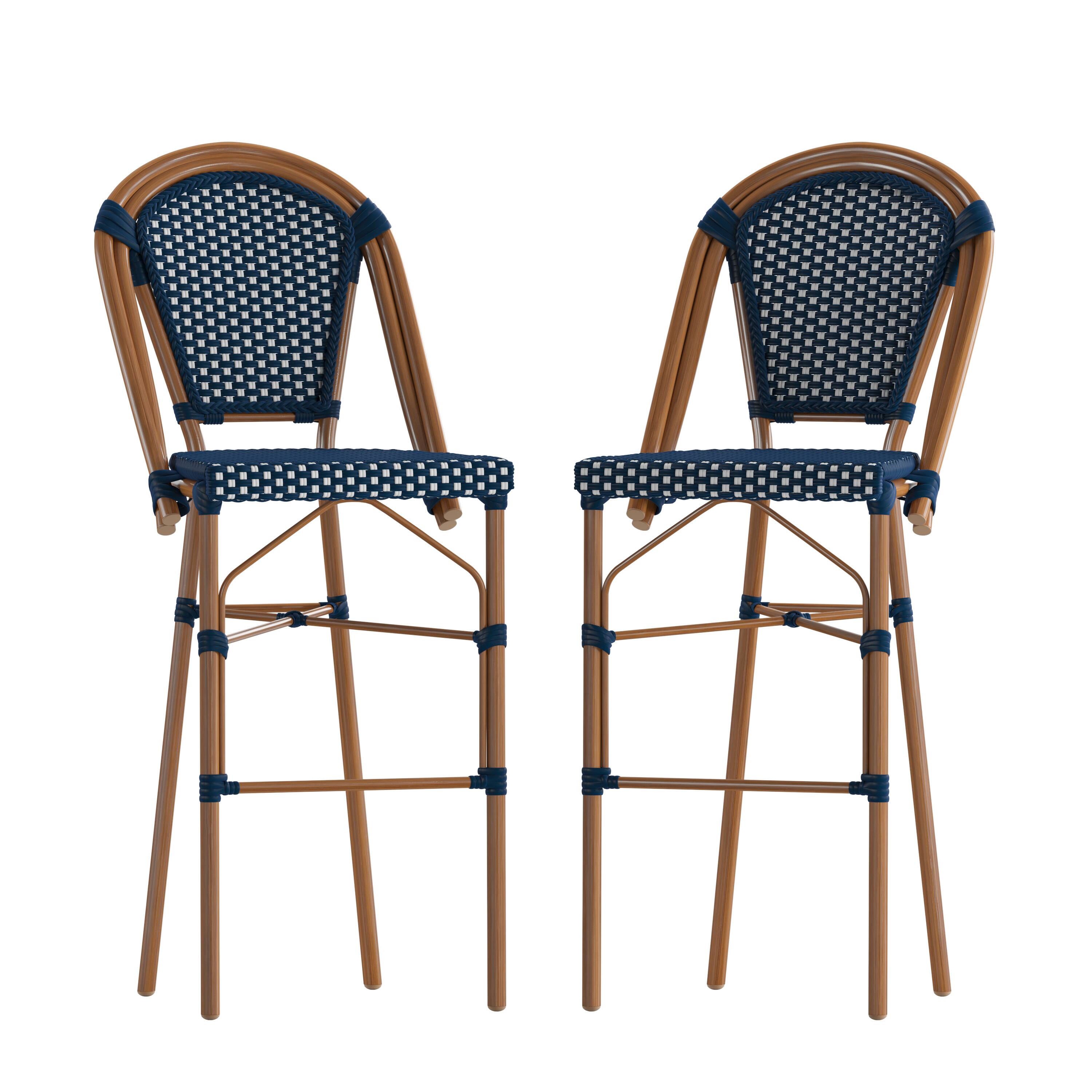 Front. Emma + Oliver - Soie Set of Two 30" High Stacking Bistro Bar Stools with PE Seat and Back and Metal Frames for Indoor/Outdoor Use - Navy & White/Natural Frame.