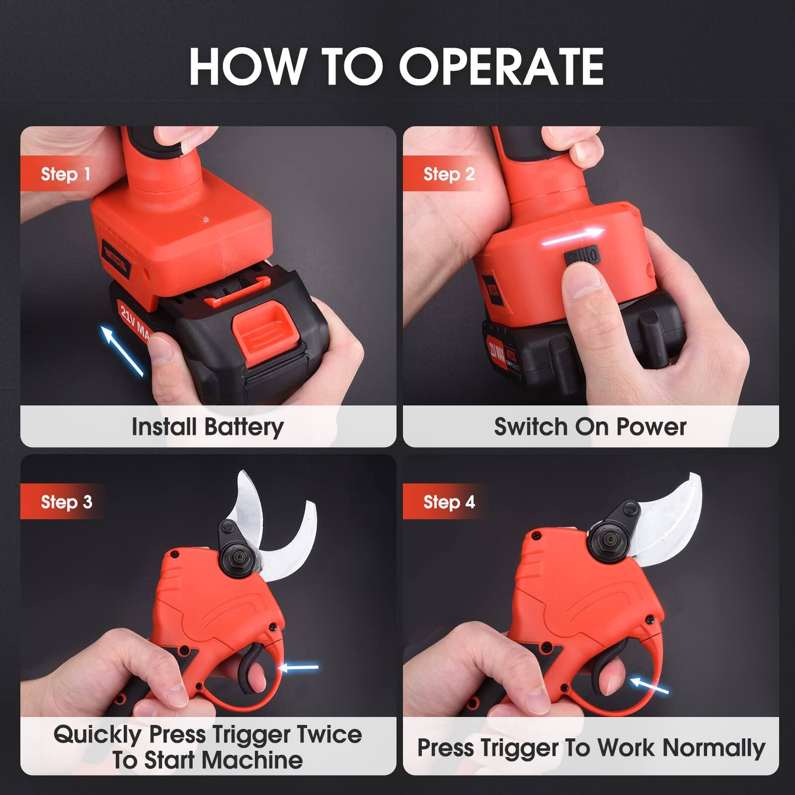 Sure, here is the corrected and grouped text from the image:

---

**HOW TO OPERATE**

**Step 1**  
Install Battery

**Step 2**  
Switch On Power

**Step 3**  
Quickly Press Trigger Twice To Start Machine

**Step 4**  
Press Trigger To Work Normally

---