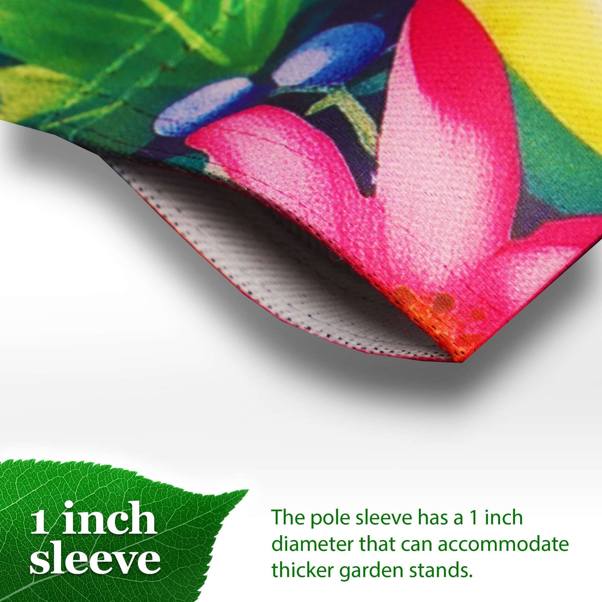 1 inch sleeve

The pole sleeve has a 1 inch diameter that can accommodate thicker garden stands.