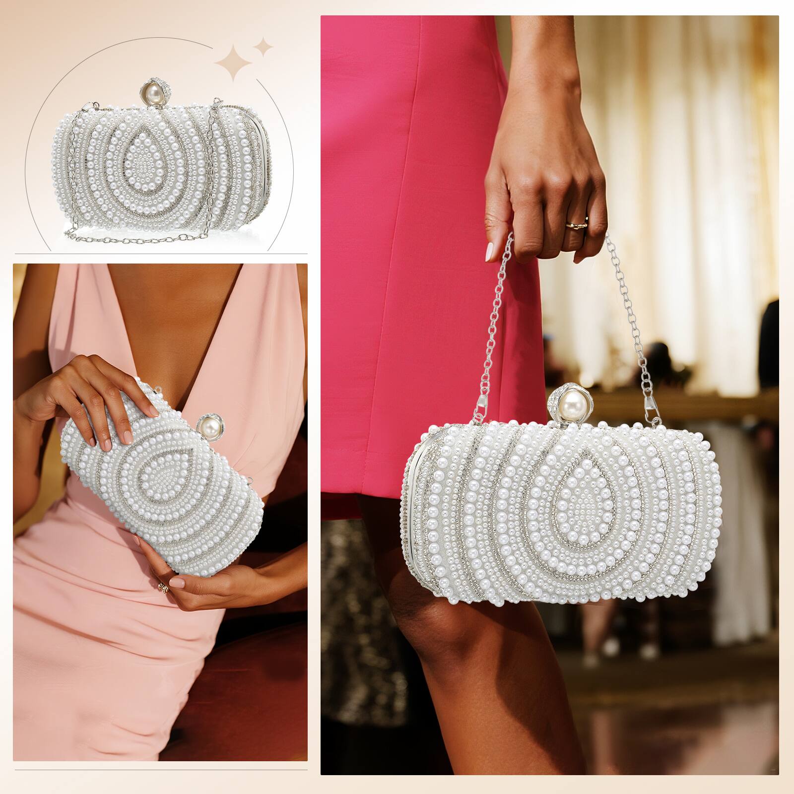 Alt View 1. Unique Bargains - Evening Clutch Purse for Women, Vintage Beads Buckle Clasp Handbag for Bridal Wedding 1920s Party Crossbody Bag - White.