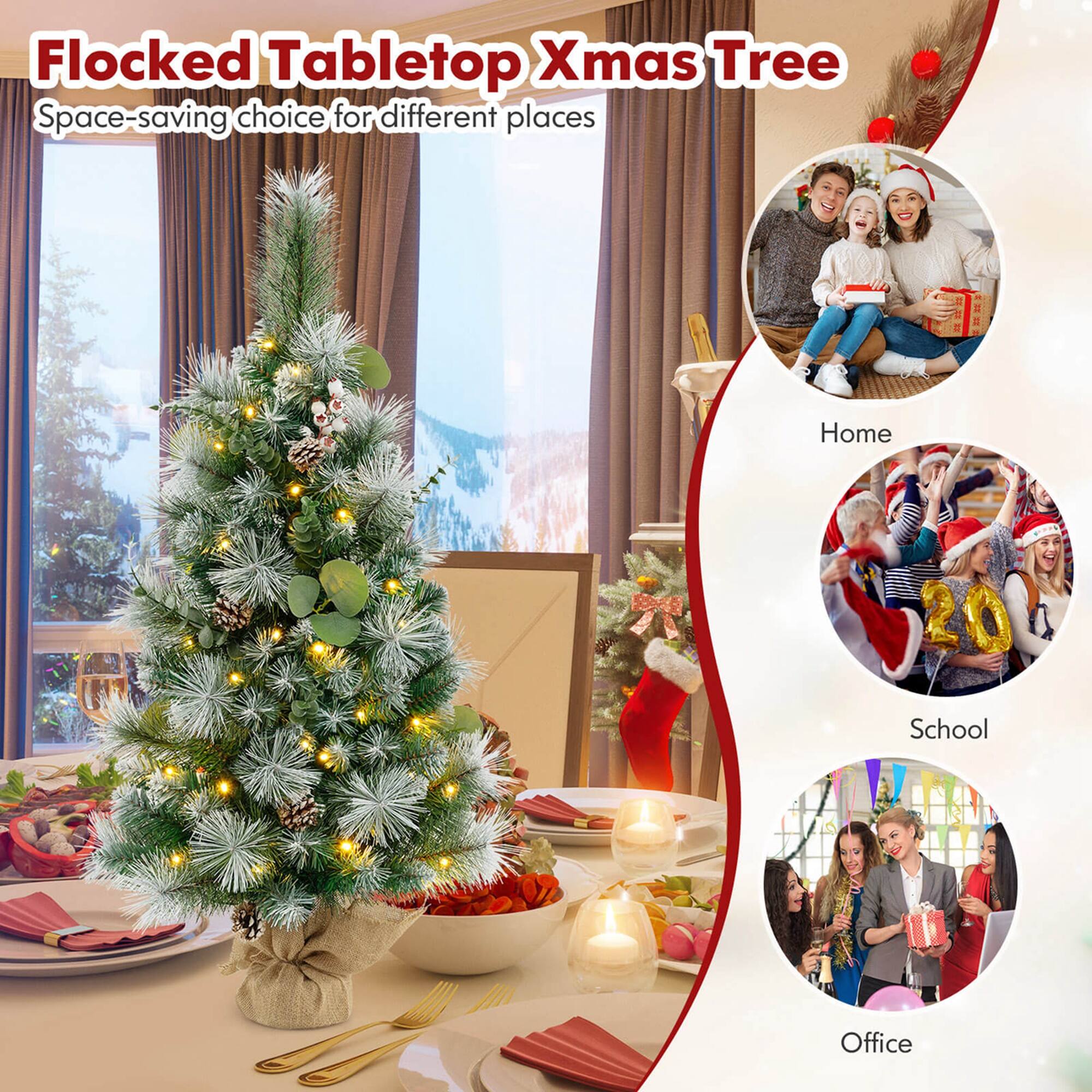 Flocked Tabletop Xmas Tree  
Space-saving choice for different places  

Home  
School  
Office