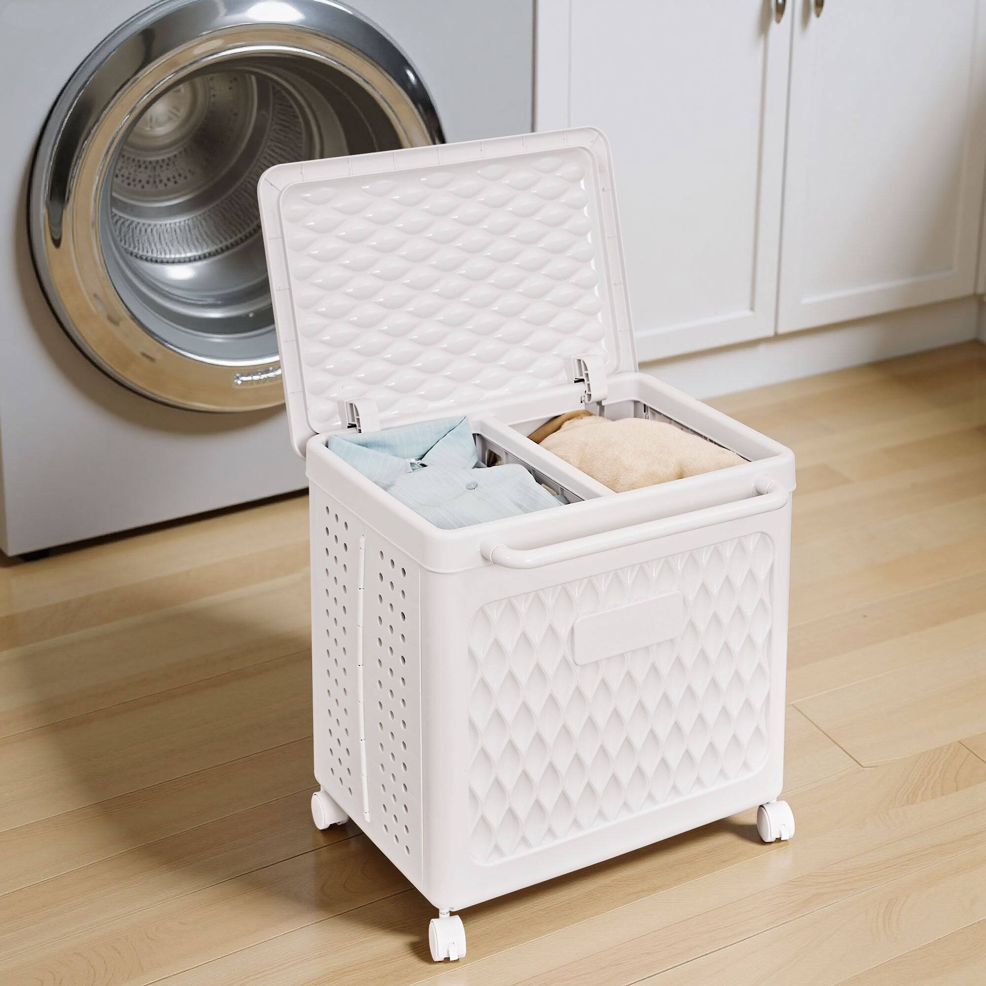 Front. Vecelo - 22Gal Laundry Hamper with Lid, Plastic Laundry Basket with Wheels and Dual Compartments - 22 Gal.