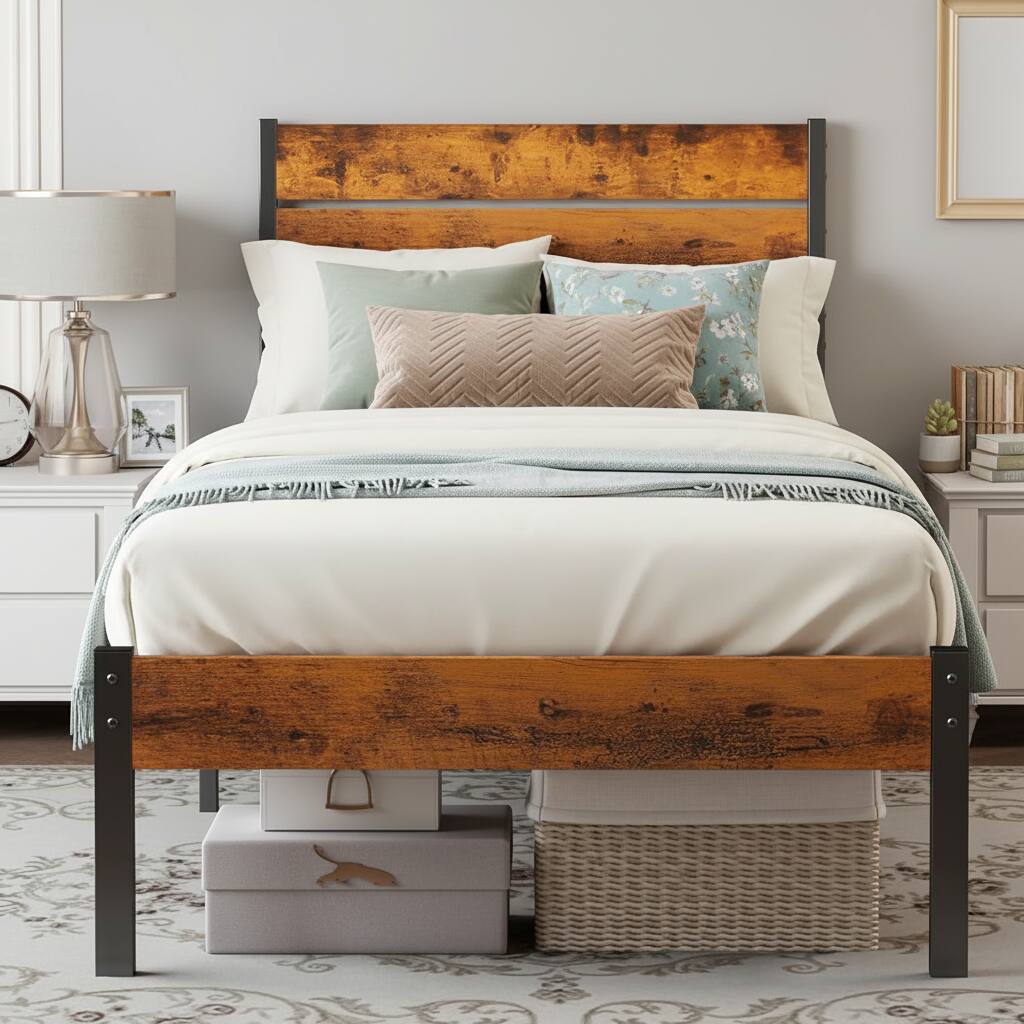 Alt View 5. AOITUN - Twin Size Industrial Bed Frame, Rustic Wood Headboard & Footboard, 800LBS Capacity, 12" Underbed Storage. - Rustic.