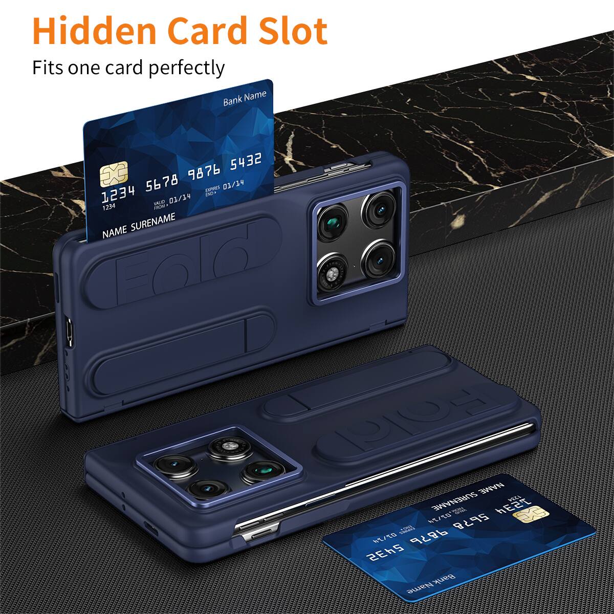 Hidden Card Slot  
Fits one card perfectly  

Bank Name  
5432 9876 5678 1234  
VALID 01/19  

NAME SURNAME  

Bank Name  
5432 9876 5678 1234  
VALID 01/14