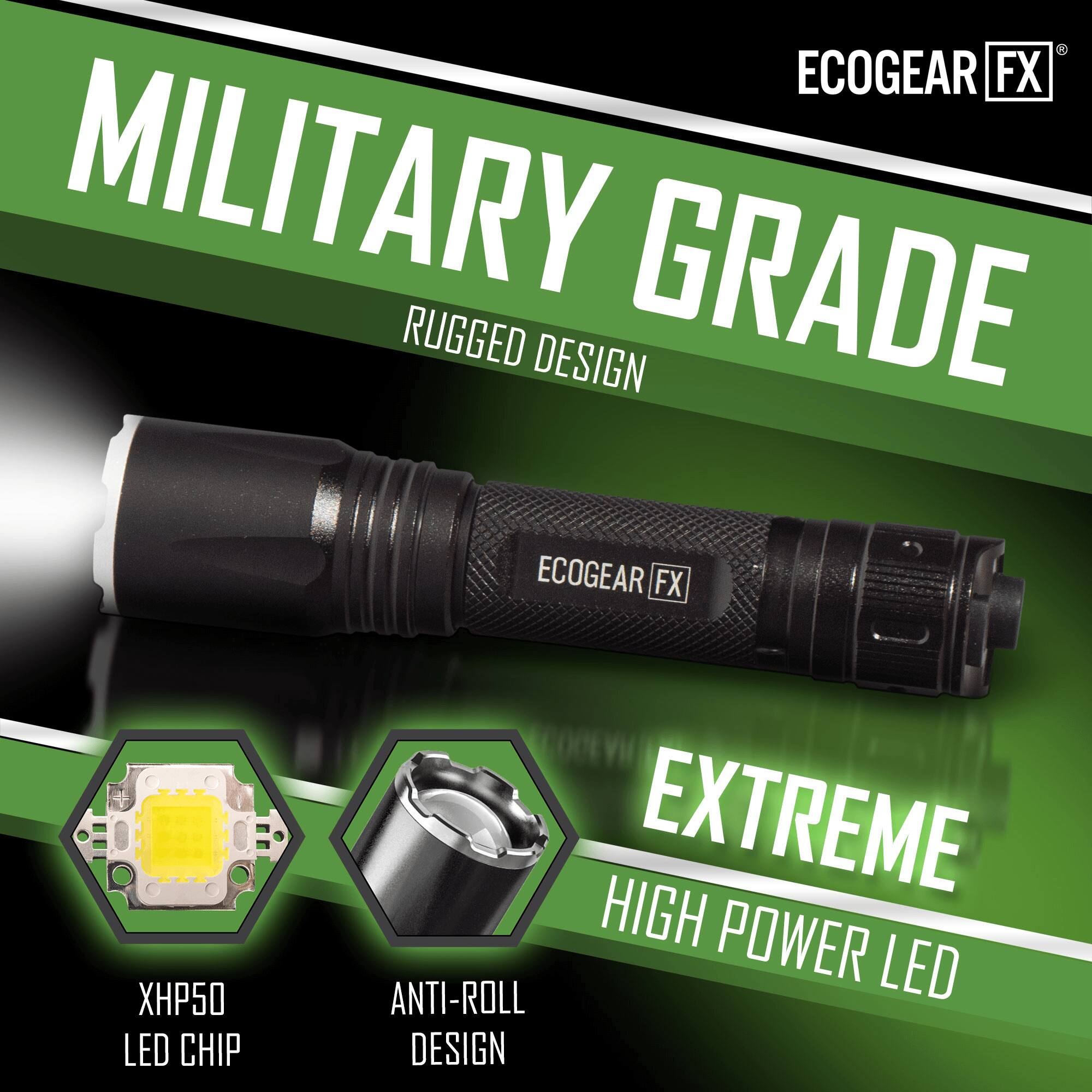 ECOGEAR FX MILITARY GRADE RUGGED DESIGN  
ECOGEAR FX H50 LED CHIP EXTREME HIGH POWER ANTI-ROLL LED DESIGN
