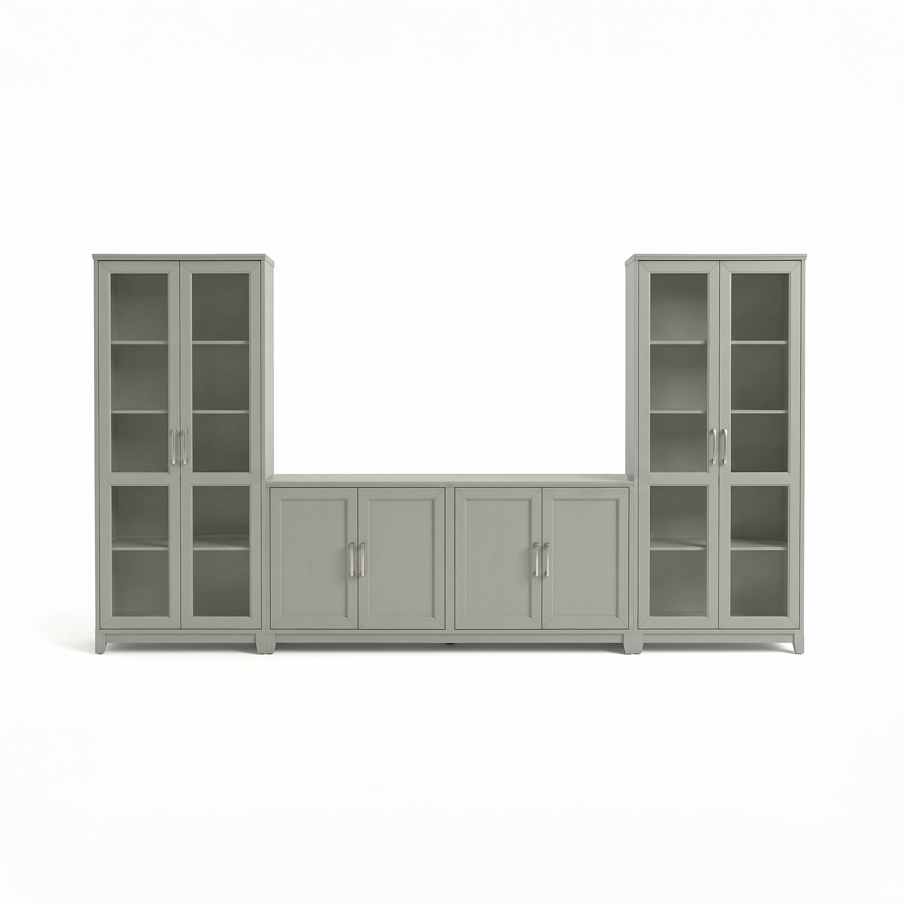 Alt View 1. Martha Stewart - 4 Door TV Stand with 2 Tall Media Cabinets - Bedford Gray/Brushed Stainless Steel Hardware.