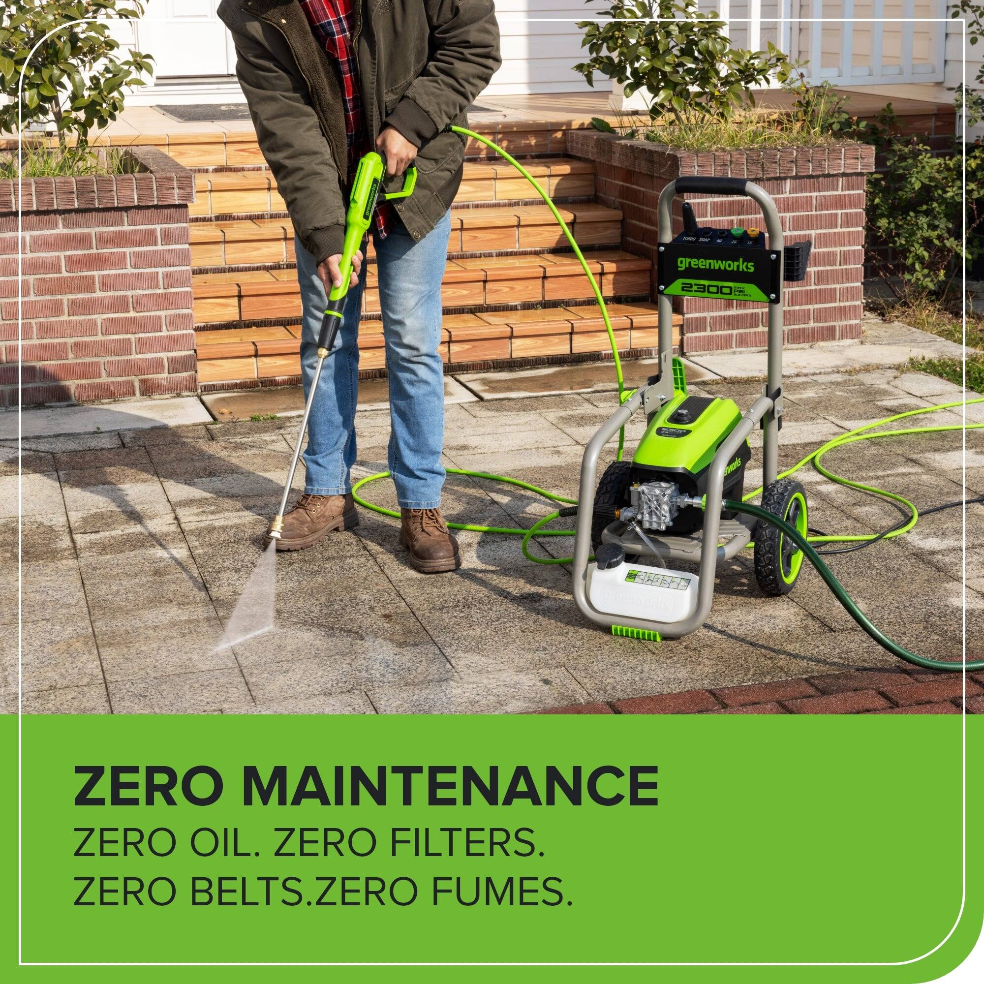 greenworks 2300 I - doe RC0329 ZERO MAINTENANCE ZERO OIL. ZERO FILTERS. ZERO BELTS. ZERO FUMES.