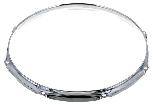 Front. Gibraltar Hardware - Batter Hoop, 13" 8 Lug, 2.3mm, Heavy Duty Chrome, Triple Flanged Rim, Snare or Tom Drum Replacement Hoop for Clear Tone.