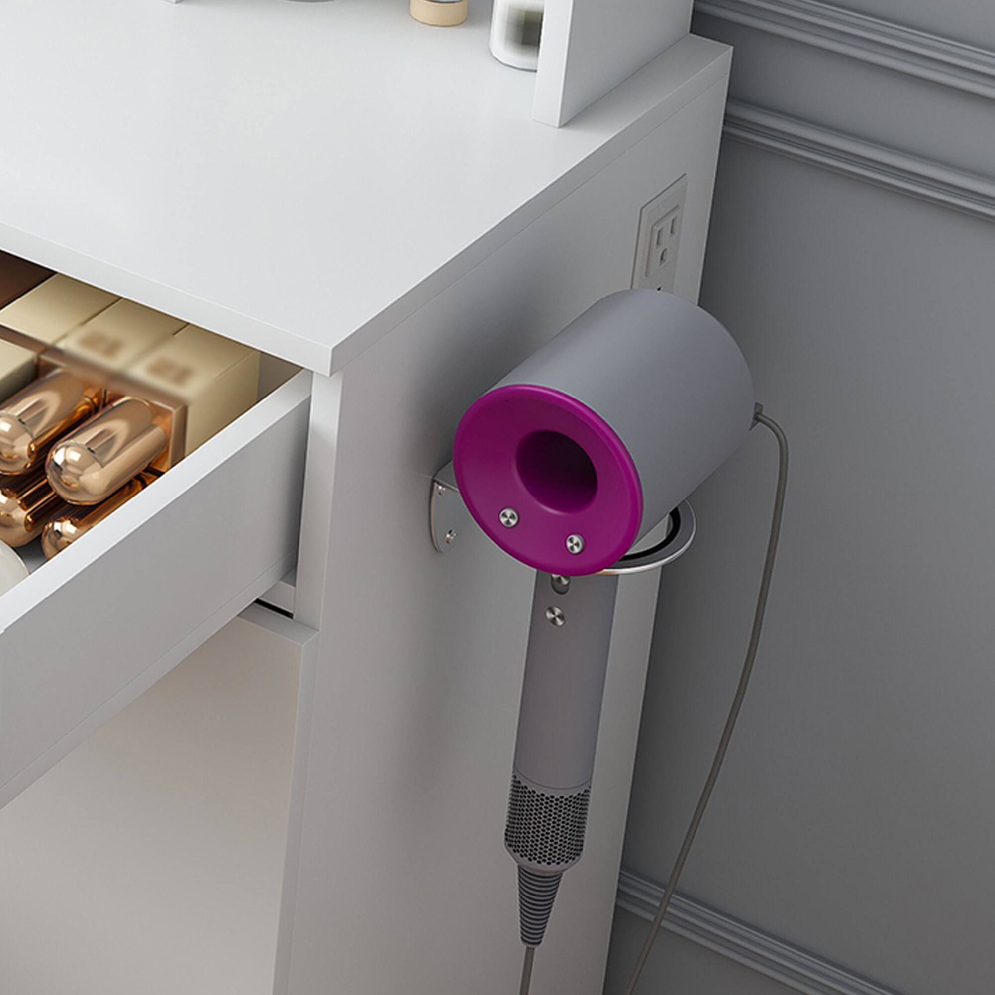 Alt View 6. GOODSILO - Elegant Vanity Desk with LED Mirror Lights, Power Outlet Charging Station, and Storage Stool - White.