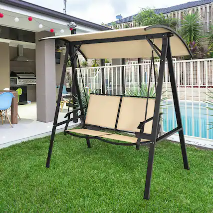 Front. Gymax - Gymax Patio Canopy Swing Outdoor Swing Chair 2-Person Canopy Hammock Beige - Beige.