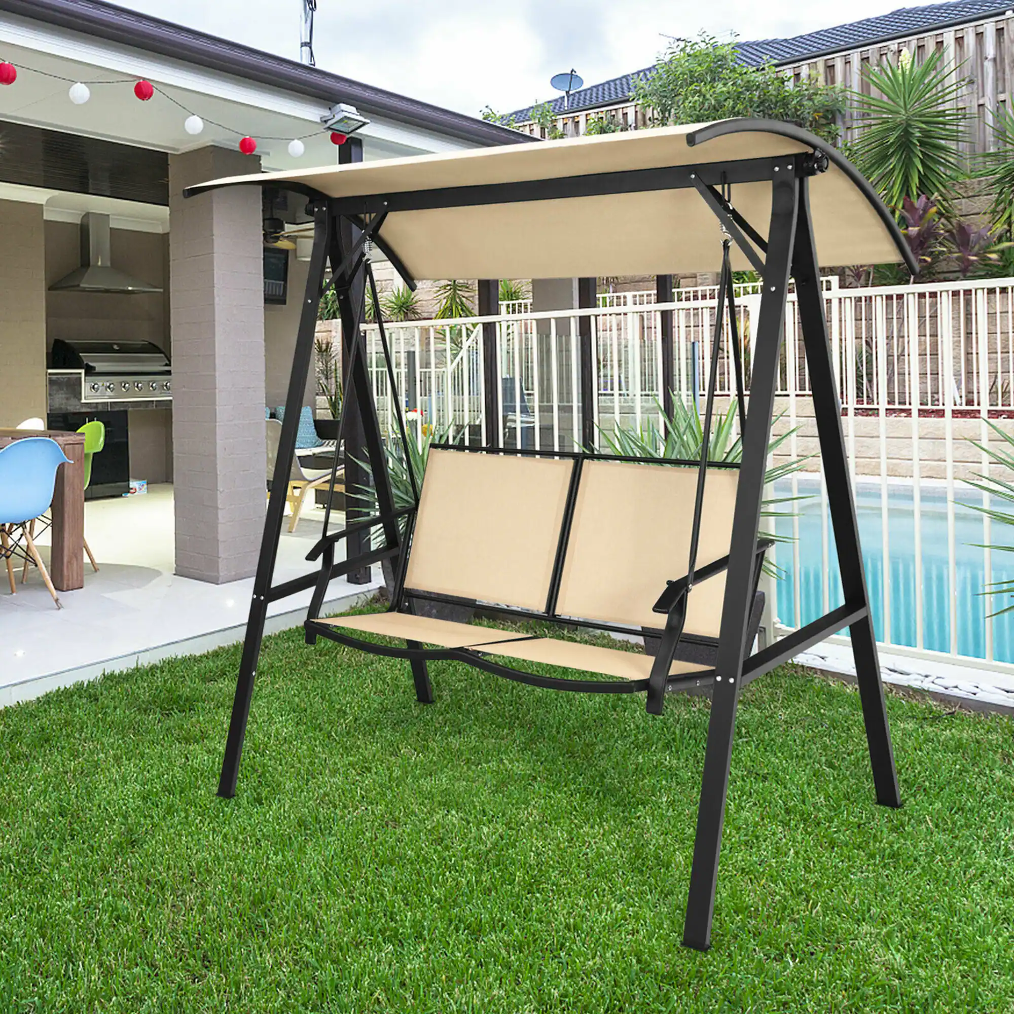 Gymax - Patio Canopy Swing Outdoor Swing Chair 2-Person Canopy Hammock - Beige