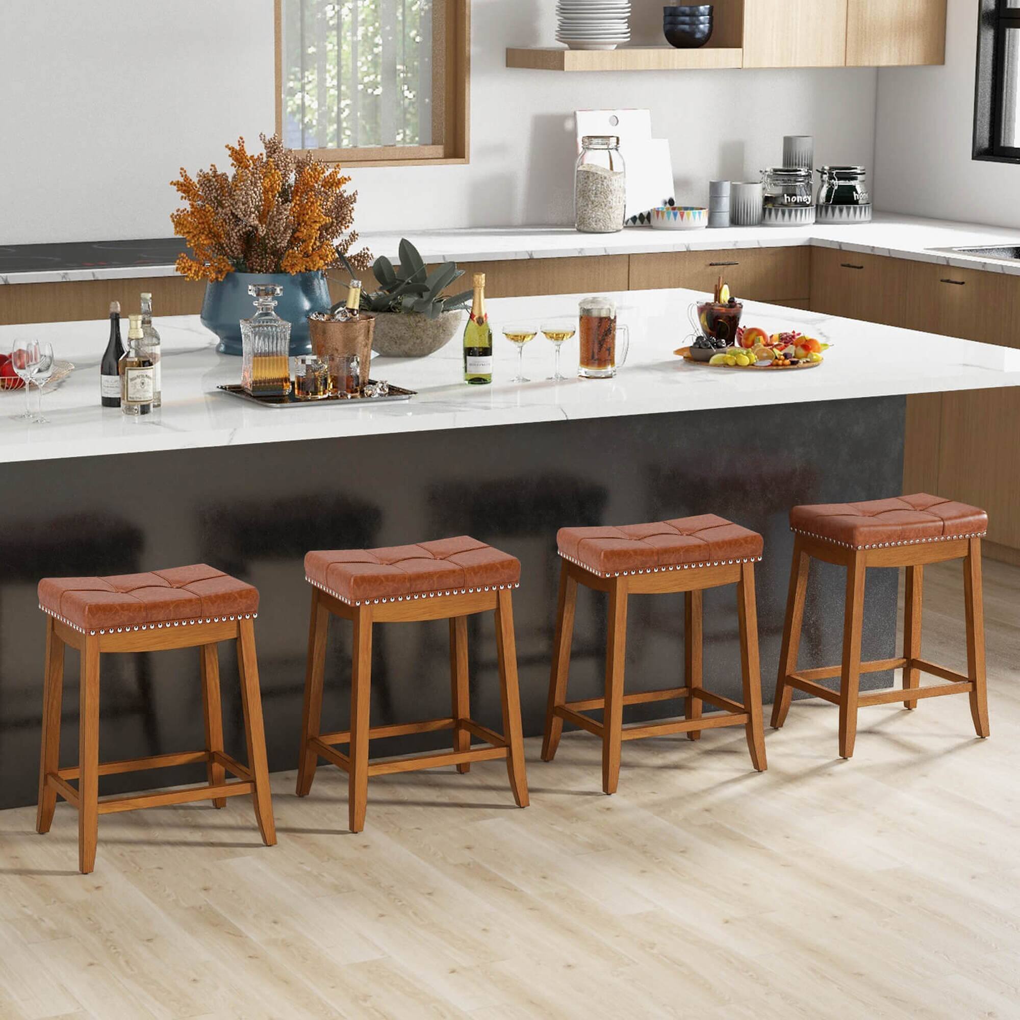 Alt View 1. Costway - Saddle Bar Stools Set of 4 with PU Leather Seat Solid Rubber Wood Frame Footrest - Brown.