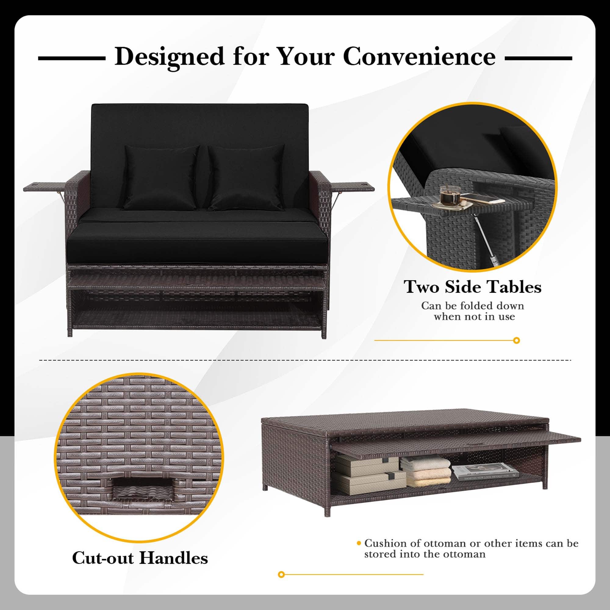 Designed for Your Convenience: Two Side Tables can be folded down when not in use. Cut-out Handles. Cushion of ottoman or other items can be stored into the ottoman.