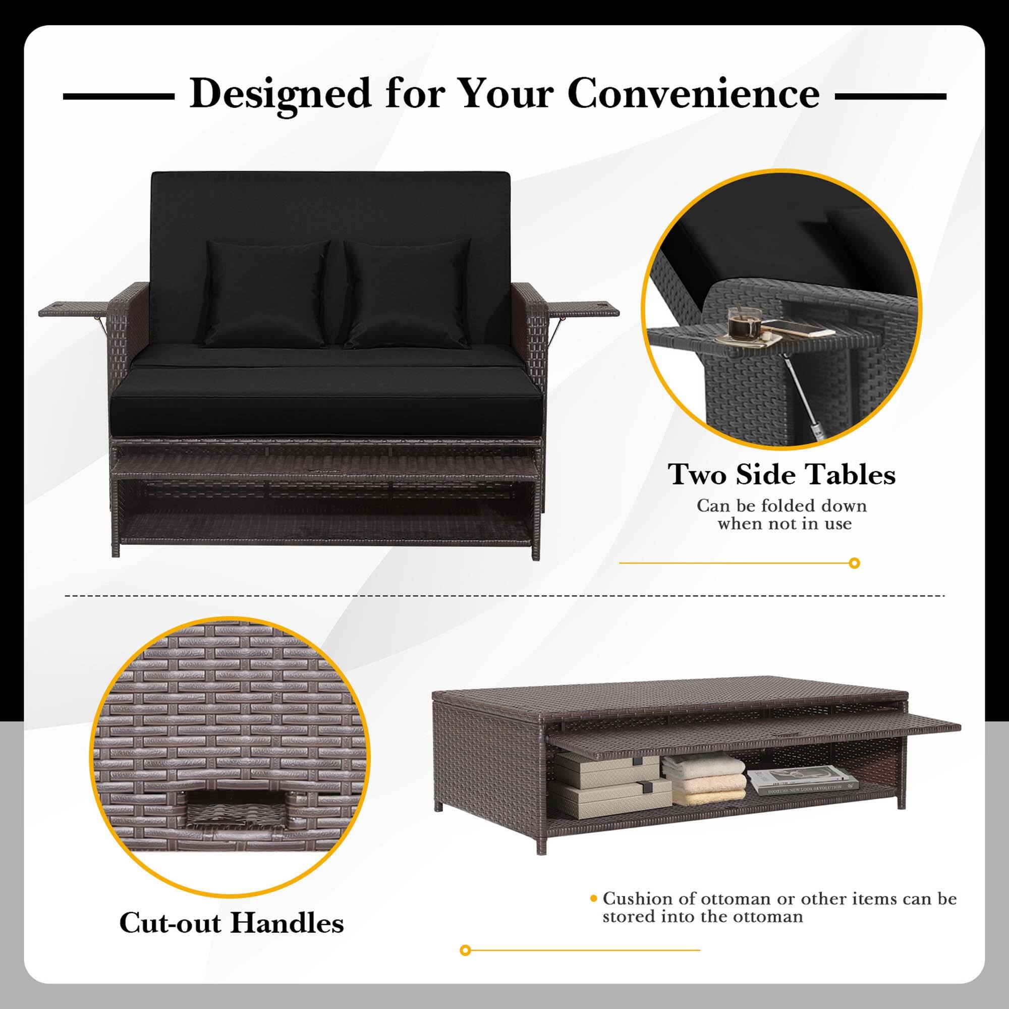 Designed for Your Convenience: Two Side Tables can be folded down when not in use. Cut-out Handles. Cushion of ottoman or other items can be stored into the ottoman.