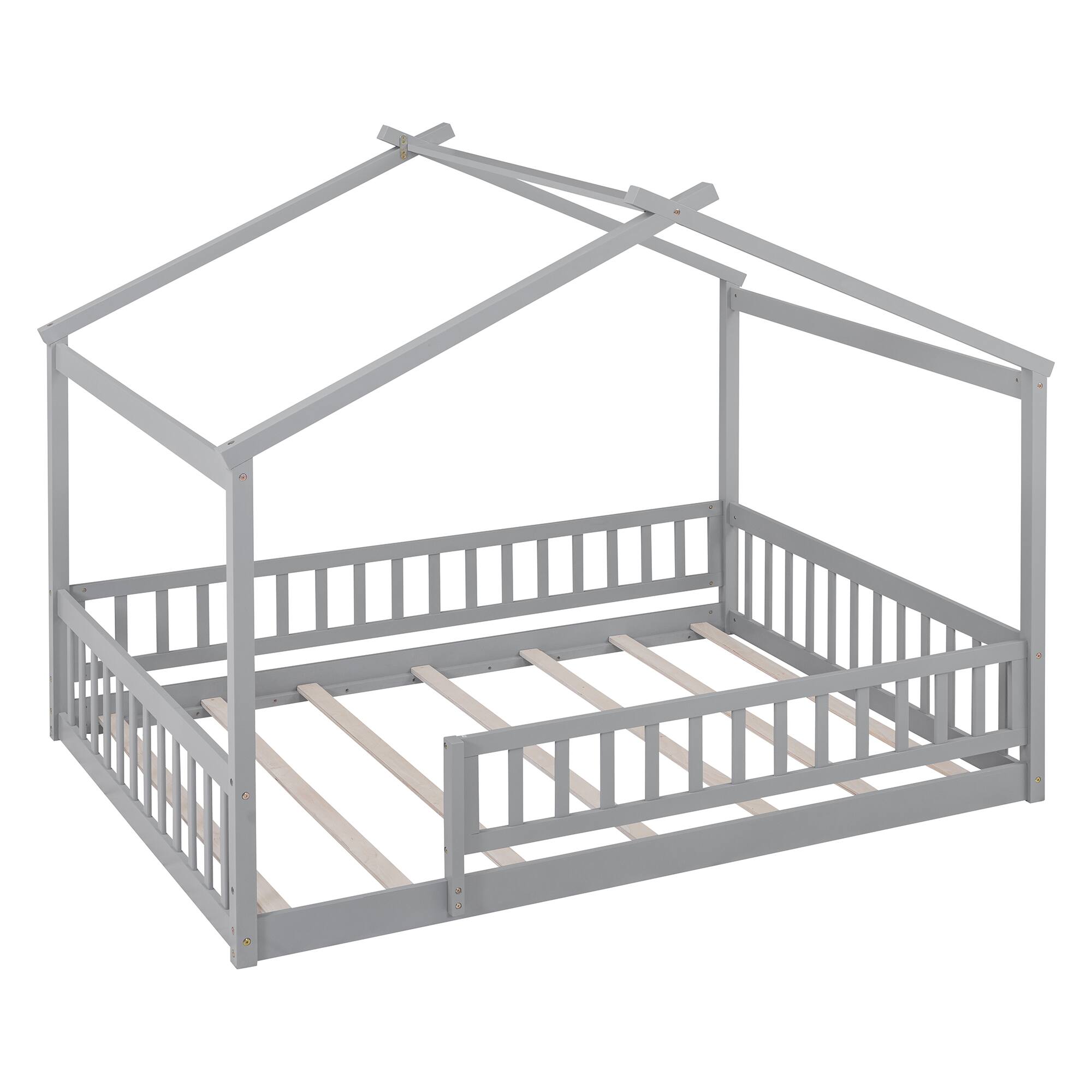 Angle. Whisen - Full Size House Bed Frame with Fence, Solid Pine Wood Cabin-Style Platform Bed for Kids & Teens - Gray.