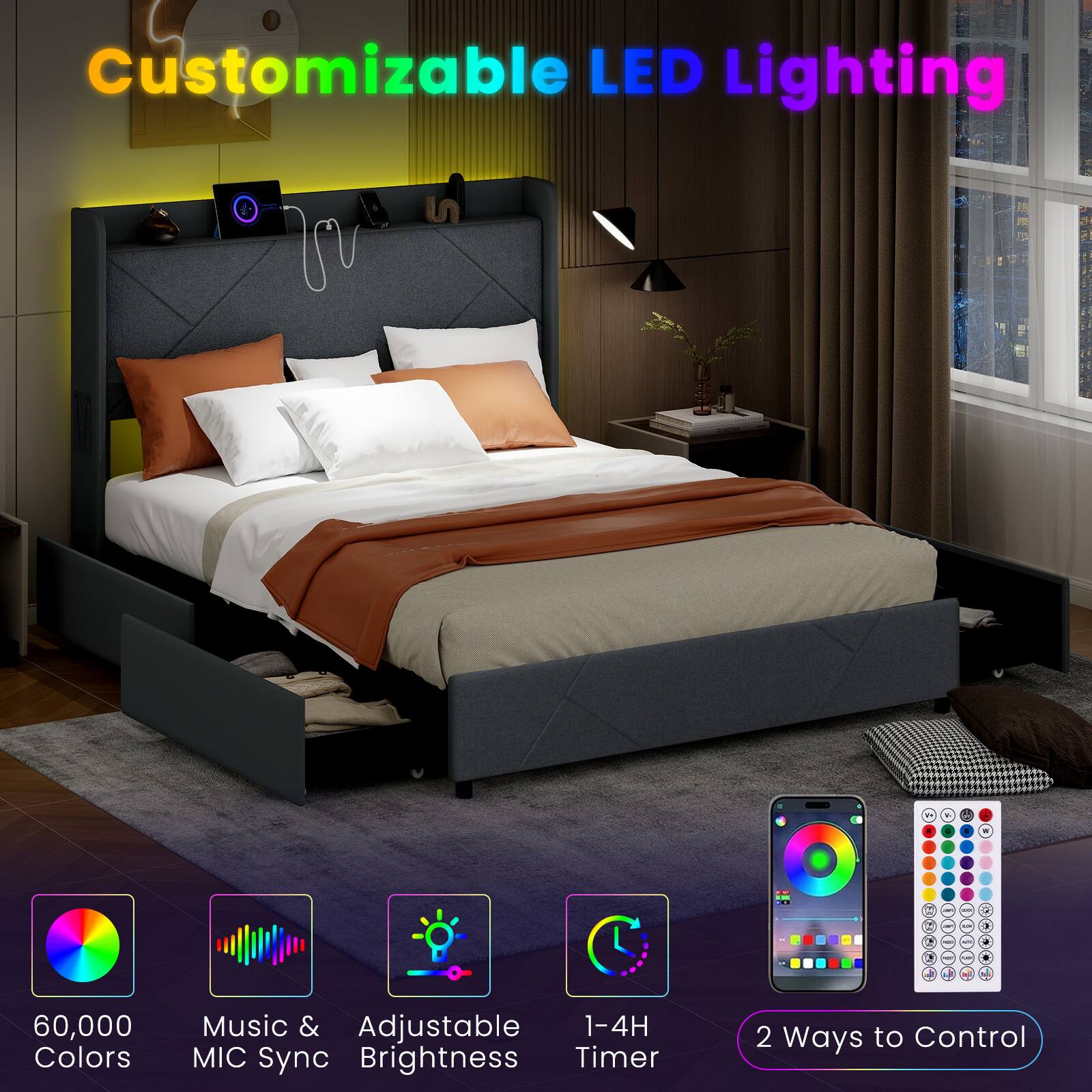 Customizable LED Lighting - 60,000 Colors - Music & MIC Sync - Adjustable Brightness - 1-4H Timer - 2 Ways to Control