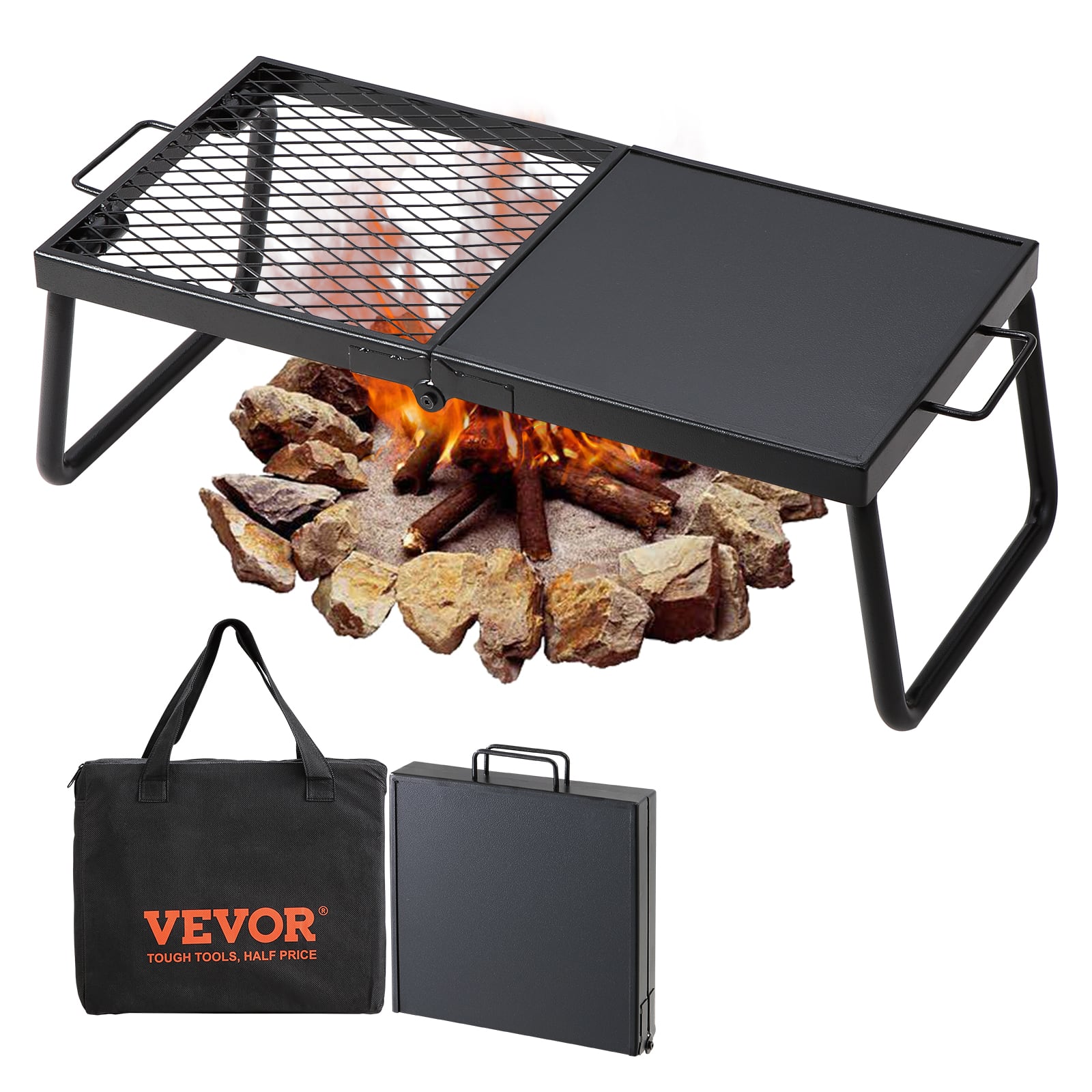 VEVOR - Folding Campfire Grill, Heavy Duty Steel Mesh Grate, 22.4" Portable Camping Grates Over Fire Pit - Black