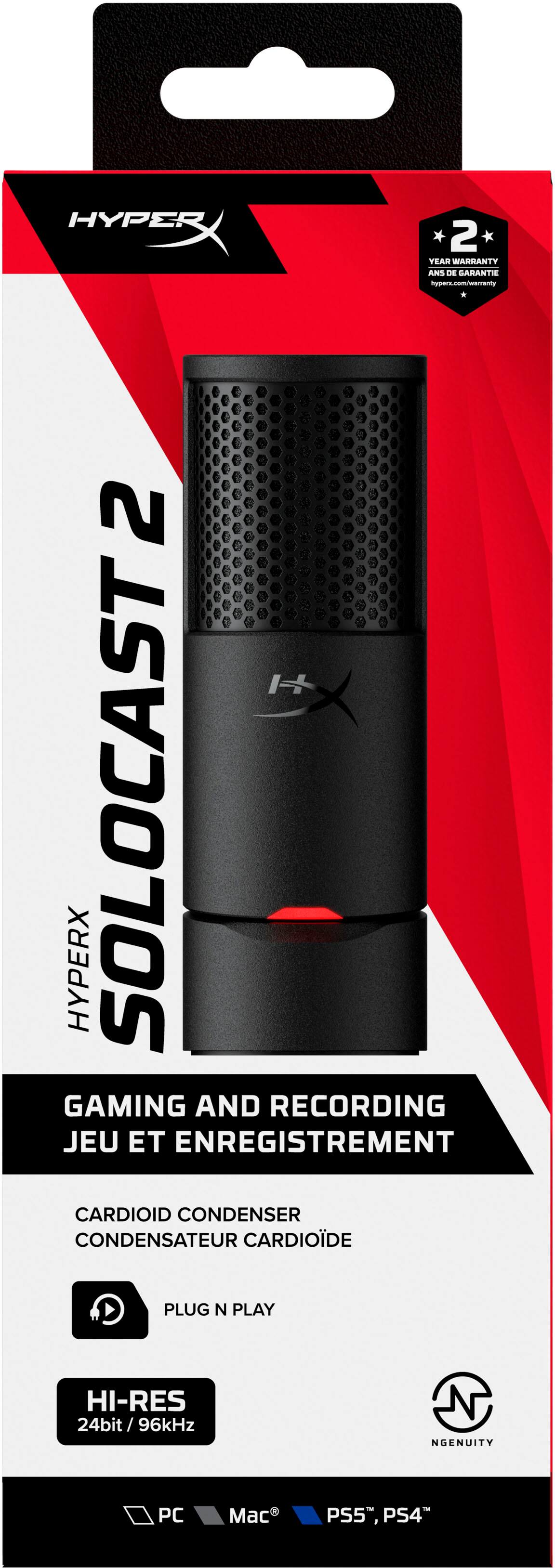 HYPERX SOLOCAST 2 * 2 YEAR WARRANTY ANS DE GARANTIE hypen.com/warranty * HYPERX SOLOCAST GAMING AND RECORDING JEU ET ENREGISTREMENT CARDIOID CONDENSER CONDENSATEUR CARDIOIDE PLUG N PLAY HI-RES 24bit/96kHz / NGENUITY PC Mac PS5, PS4