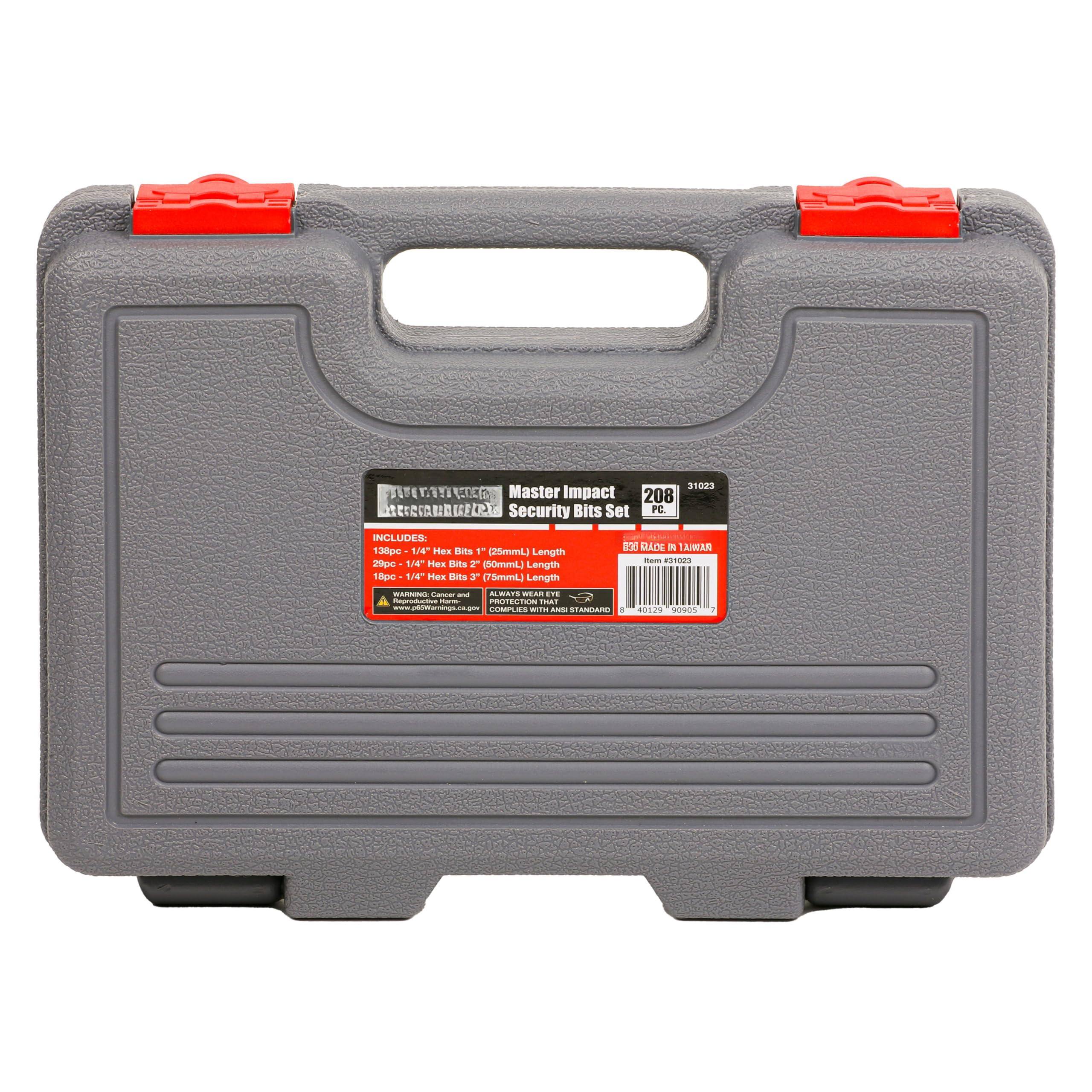 Master Impact 208 EDKE Security Bits Set  
INCLUDES:  
- 138pc - 1/4" Hex Bits (25mmL) Length 10pc  
- 1pc - 1/4" Hex Bit (75mmL) Length 10pc  
- 1pc - 1/4" Hex Bit (75mmL) Length 10pc  
- 1pc - 1/4" Hex Bit (75mmL) Length 10pc  
- 1pc - 1/4" Hex Bit (75mmL) Length 10pc  
- 1pc - 1/4" Hex Bit (75mmL) Length 10pc  
- 1pc - 1/4" Hex Bit (75mmL) Length 10pc  
- 1pc - 1/4" Hex Bit (75mmL) Length 10pc  
- 1pc - 1/4" Hex Bit (75mmL) Length 10pc  
- 1pc - 1/4" Hex Bit (75mmL) Length 10