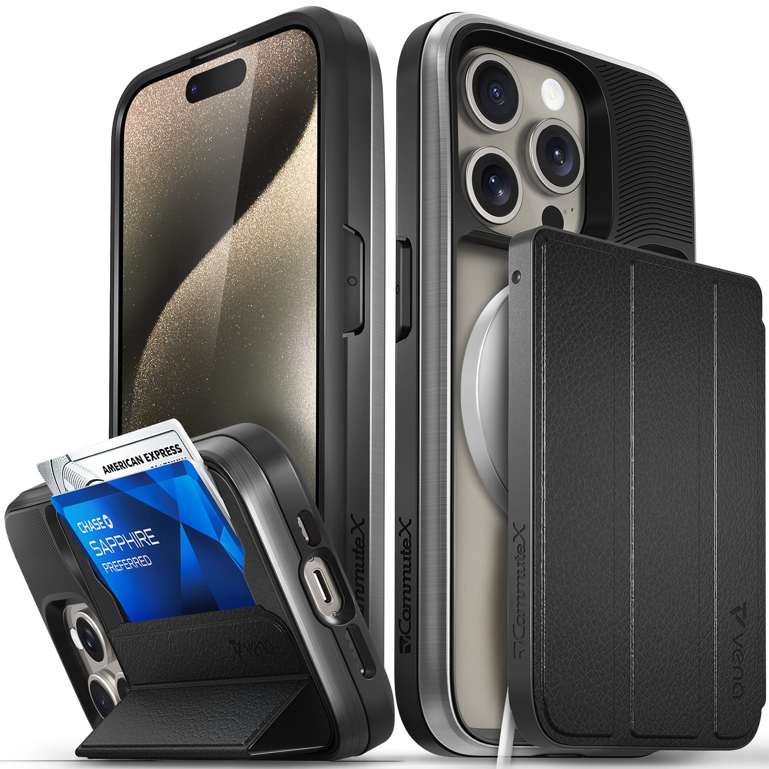 Vena - vCommuteX Wallet Case for Apple iPhone 15 Pro, Detachable Leather Cover Card Slot Holder W/ Kickstand, Black - Gray