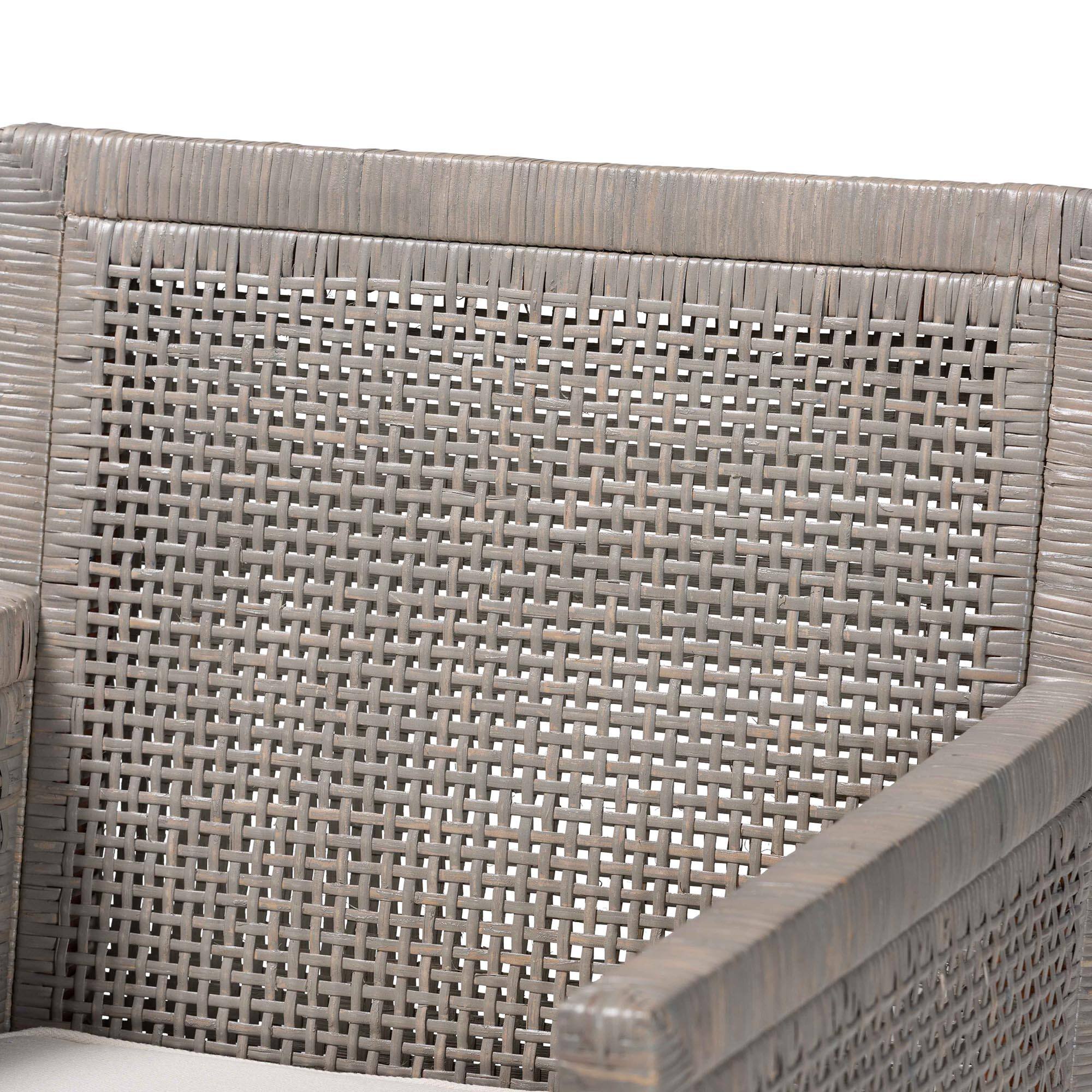 Alt View 1. bali & pari - Karis Rattan Dining Chair with Cushion - Handwoven Wicker Armchair with Mahogany Wood Frame - French Grey.