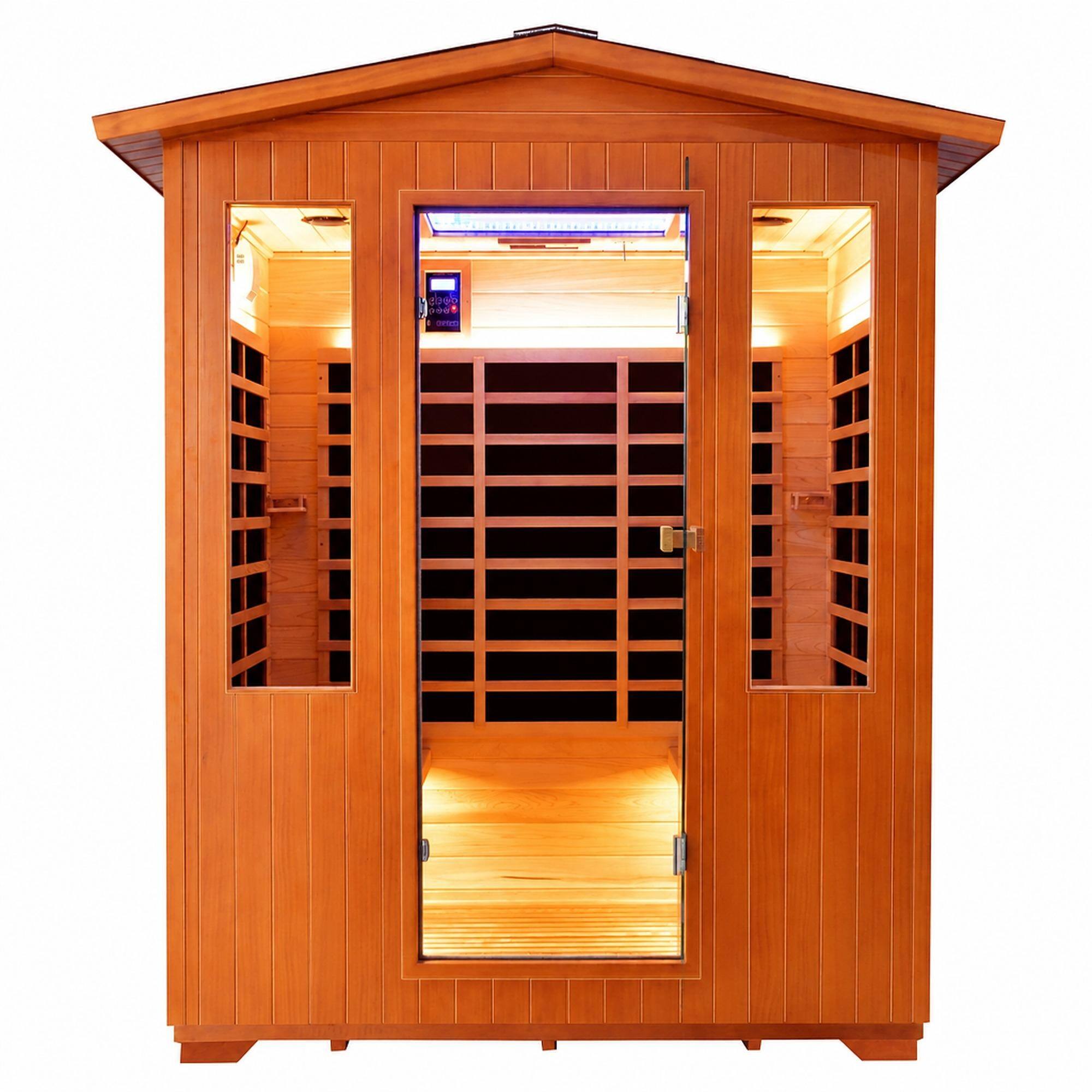 Front. RYHNUYNE - 4 Person Outdoor Sauna Room, 158 x 119 x 208 cm, Fir and Red Cedar, 2600W 11 Heating Plates, 65 Celsius - Ameican White Oak.