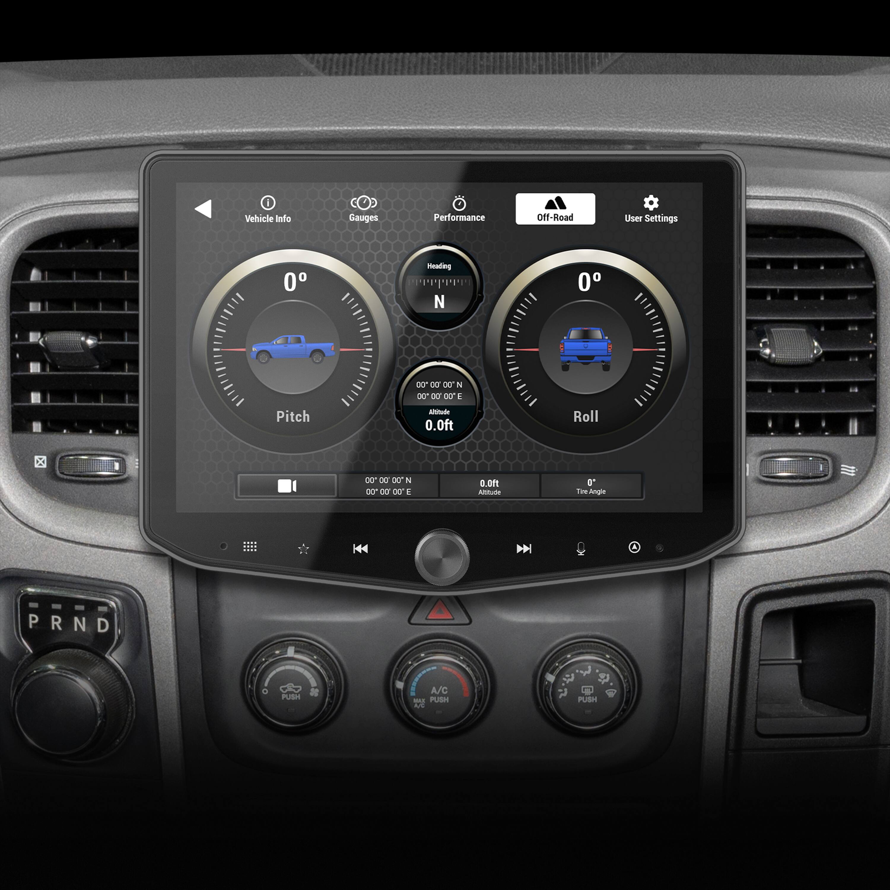 Vehicle Info Gauges Performance Off-Road User Settings 0 Reading N 0 Pitch 00* 00 00 N D0* 30 00 5 Attitude 0.0ft Roll b 00* O0 00 N S0 00 OC E a DFE Altitude 0 Toe Angle K44 N PRND P N D o PUSH A/C - PUSH -E $ PUBH