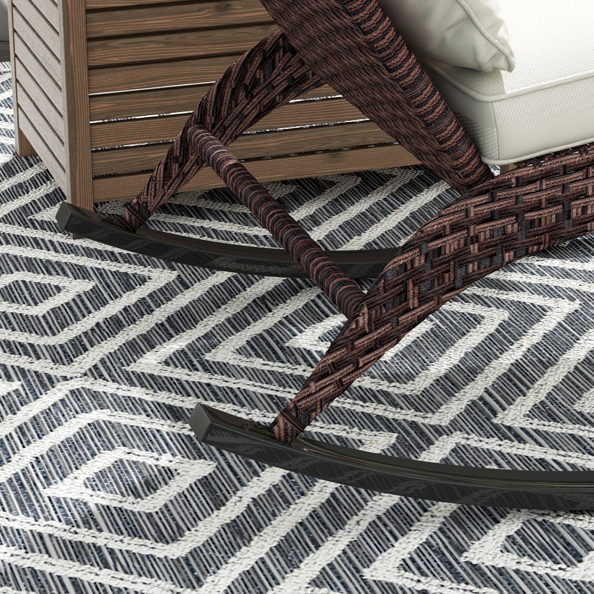 Alt View 8. Outsunny - Outdoor Wicker Adirondack Rocking Chair, Patio Rattan Rocker Chair with High Back, Seat Cushion, and Pillow - Cream White.