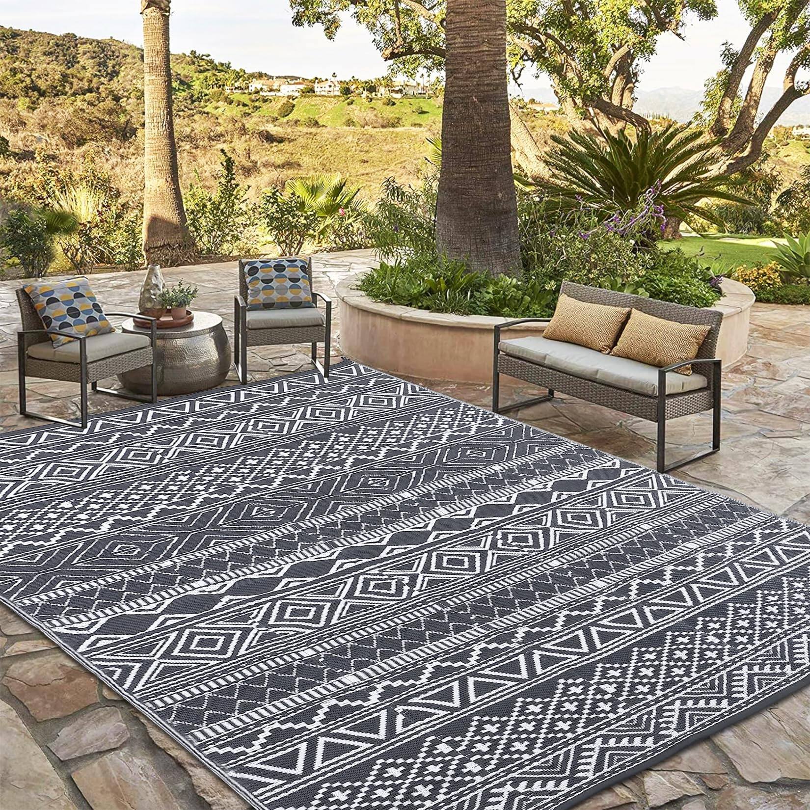 Left. Earthley Blooms - Outdoor Rug For Patio Waterproof Mat Plastic Straw Camping Reversible Rugs Indoor Carpet Porch Backyard Bal... - Teal/Yellow(boho)-5' x 8' (Rectangular).