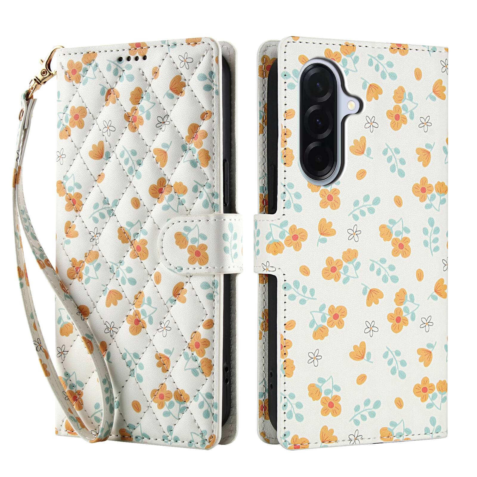 Angle. Dteck - Floral Wallet Phone Case for Samsung Galaxy A17 5G with Wrist Strap, Premium PU Leather Shockproof Protective Flip Cover - C.
