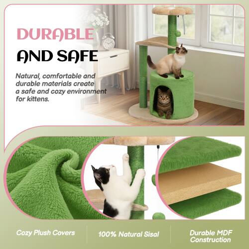 DURABLE AND SAFE

Natural, comfortable and durable materials create a safe and cozy environment for kittens.

Cozy Plush Covers  
100% Natural Sisal  
Durable MDF Construction