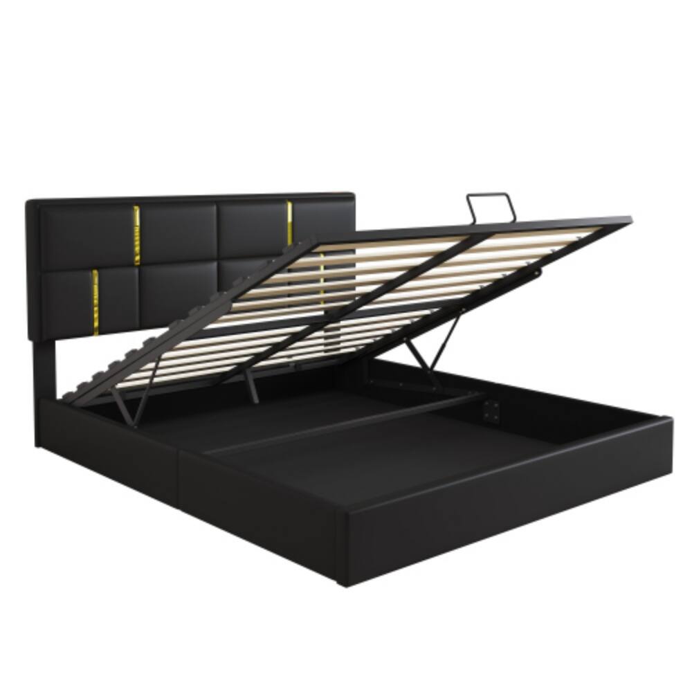 Left. LUCKY ONE - Queen Size Upholstered Platform Bed with Hydraulic Storage System, Soft Fabric Headboard, No Box Spring Needed - Black.
