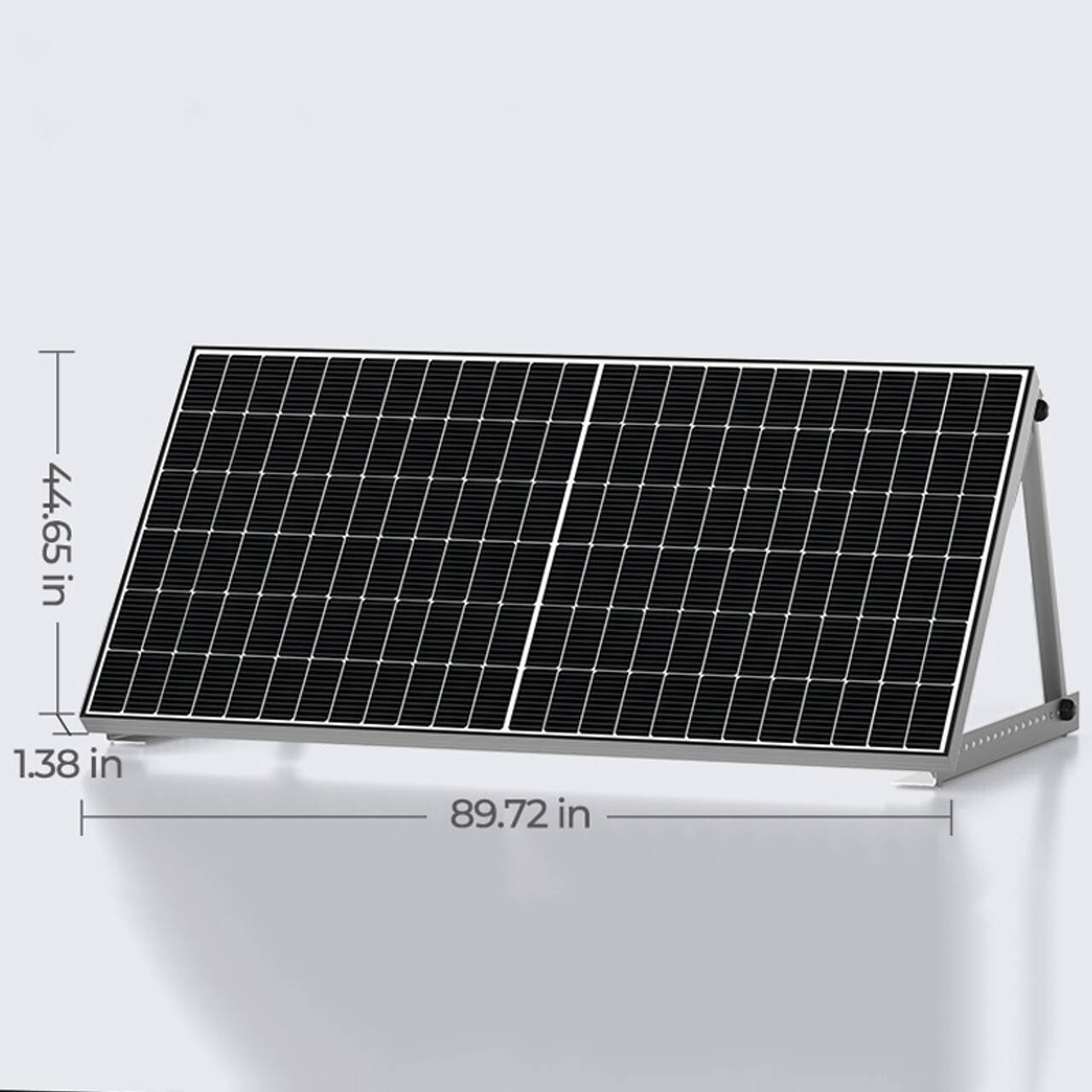 The text on the image reads "44.65 in 1.38 in 89.72 in." This information is likely related to the dimensions of the solar panel. The first number, 44.65, represents the width of the panel in inches. The second number, 1.38, represents the height of the panel in inches. The third number, 89.72, represents the length of the panel in inches.