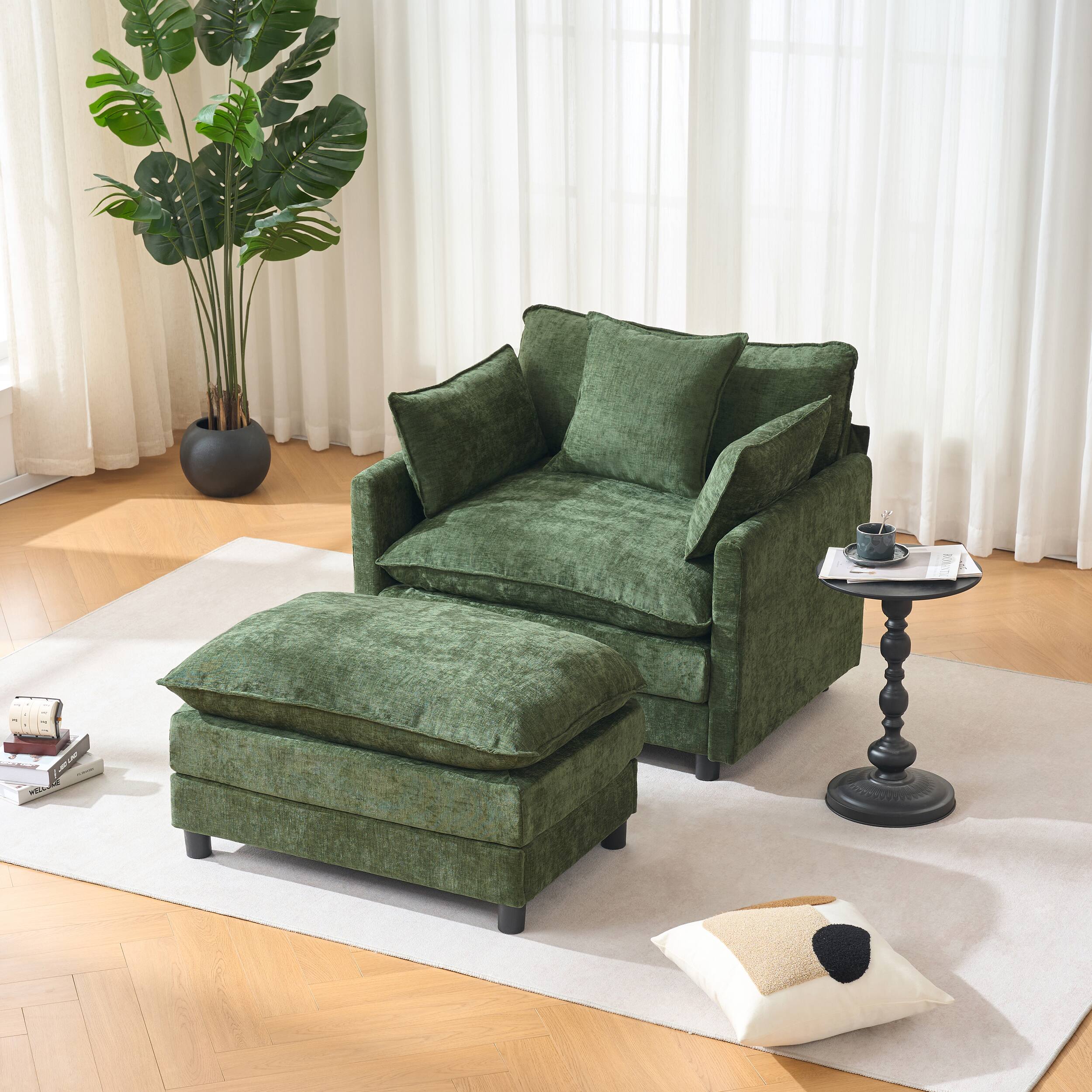 Alt View 1. Meqiodas - 39.4" Modern Accent Chair with Ottoman, Living Room Club Chair Chenille Upholstered Armchair , Reading Chair for Bedroom - Green.