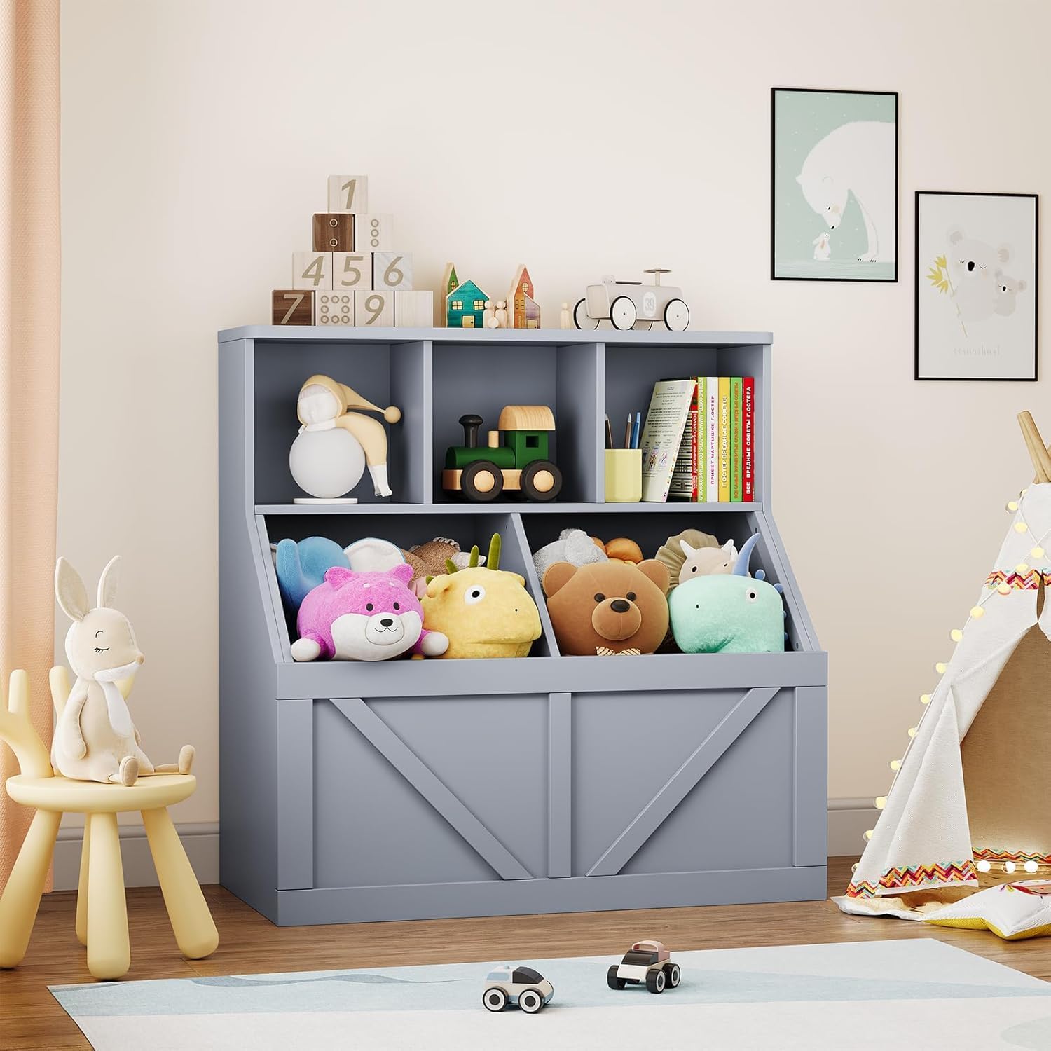 Acekool - Toy Storage Organizer and Kids Bookshelf, Toddler Toy Storage Cabinet - Gray